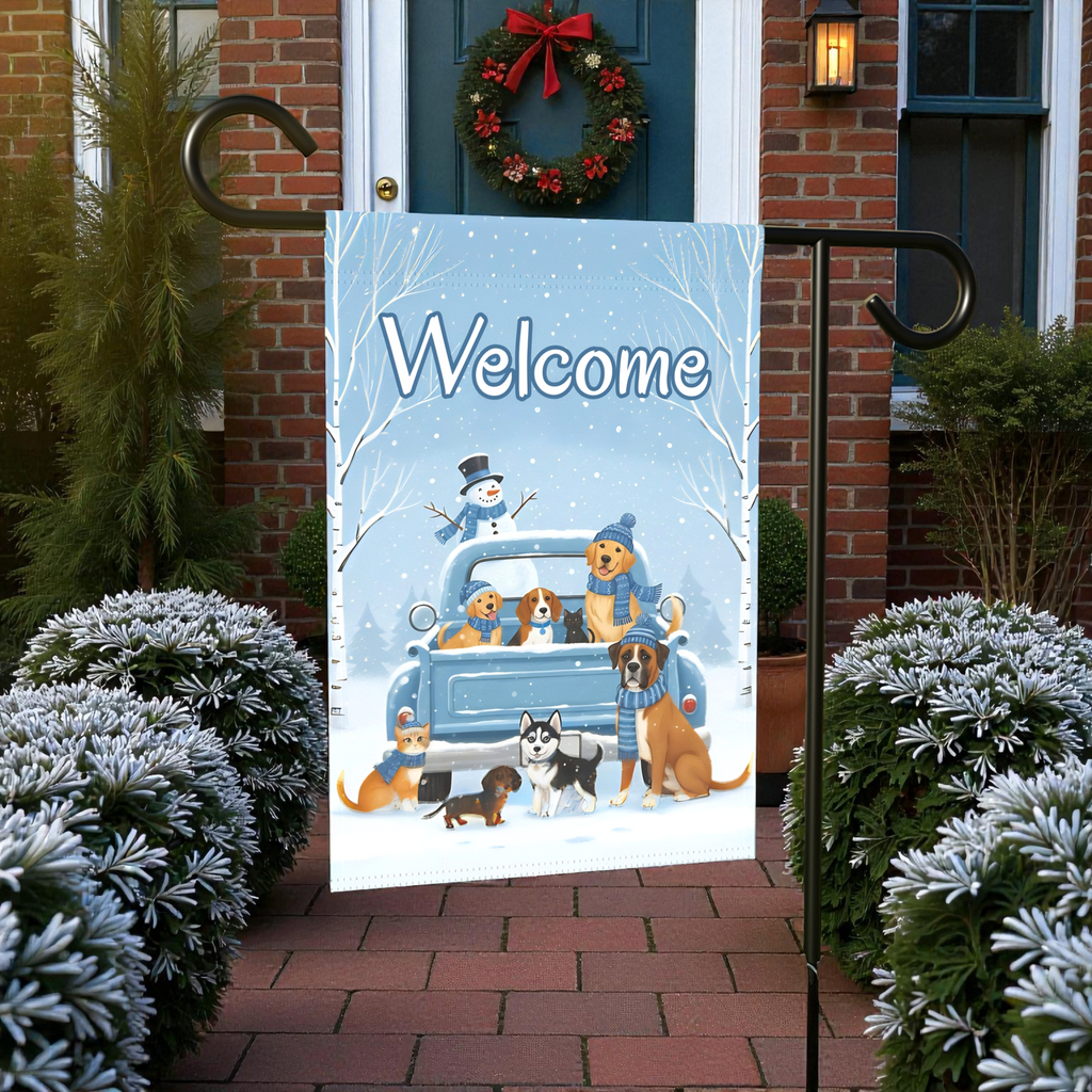 Welcome Winter Dogs  and Cats Garden Flag - product detail - Dragonfire Gardens