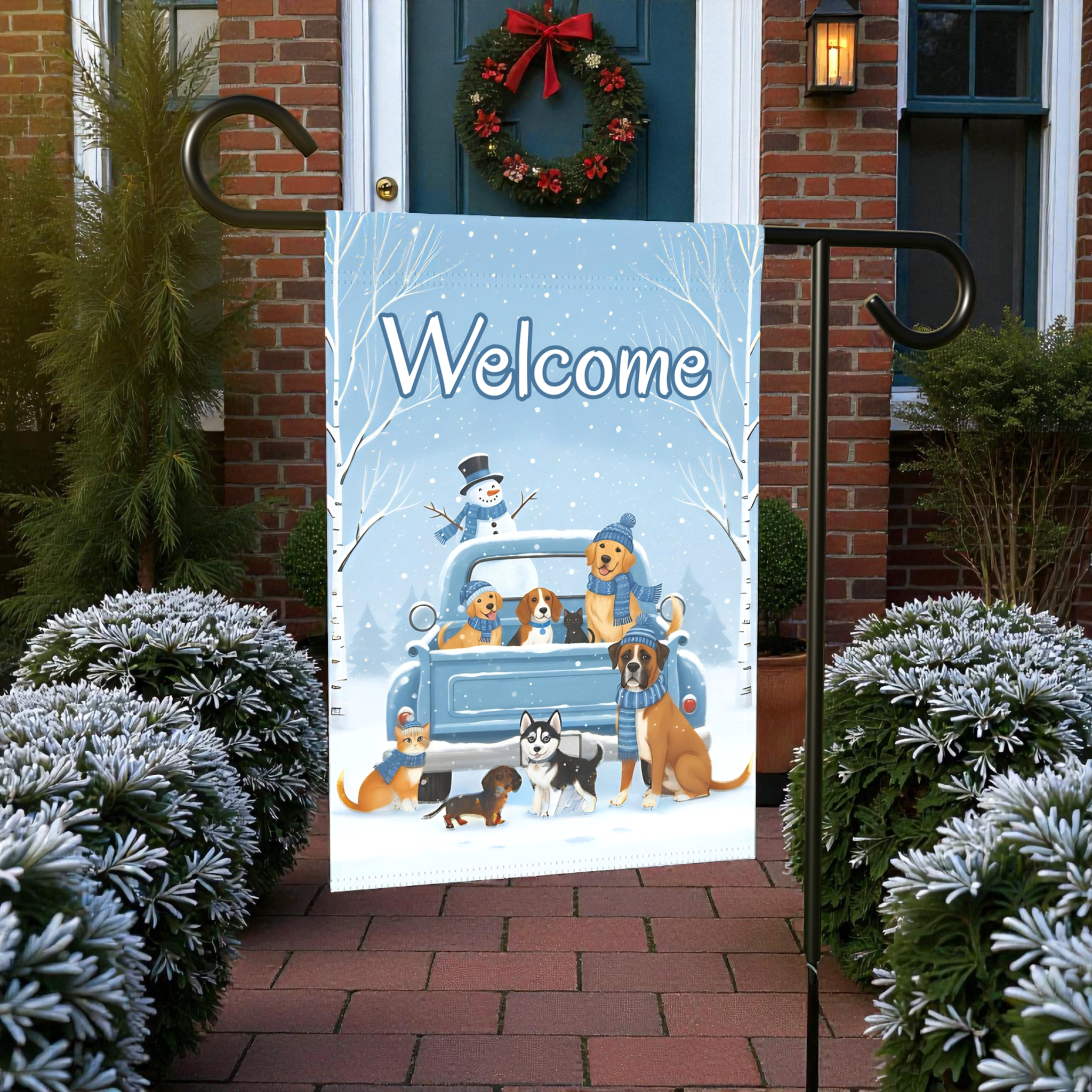 Welcome Winter Dogs  and Cats Garden Flag - product detail - Dragonfire Gardens