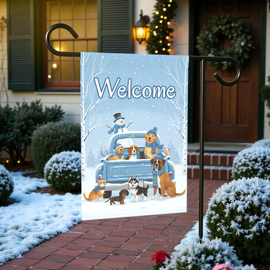 Welcome Winter Dogs  and Cats Garden Flag - front view - Dragonfire Gardens