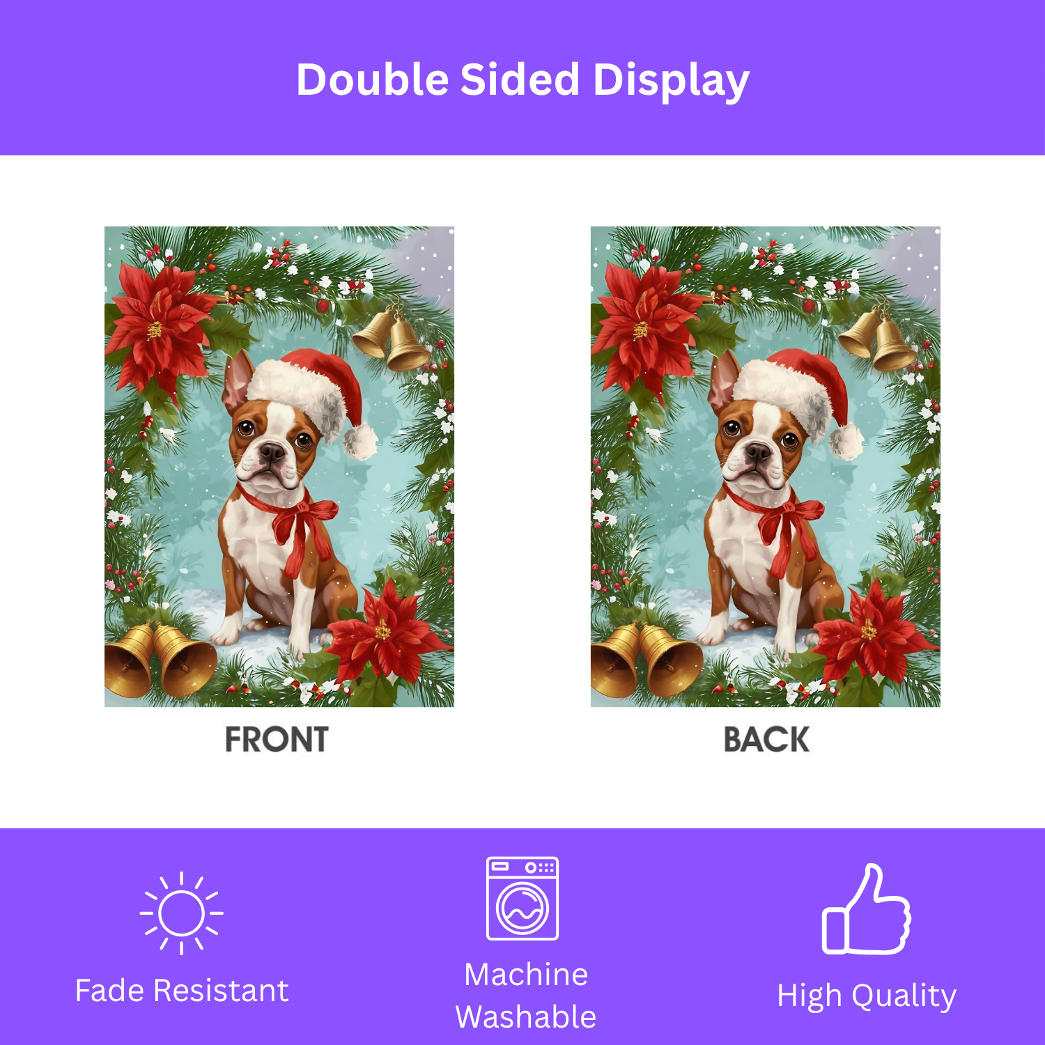 Poinsettia and Bells Red Boston Terrier Christmas Garden Flag - double-sided design - Dragonfire Gardens