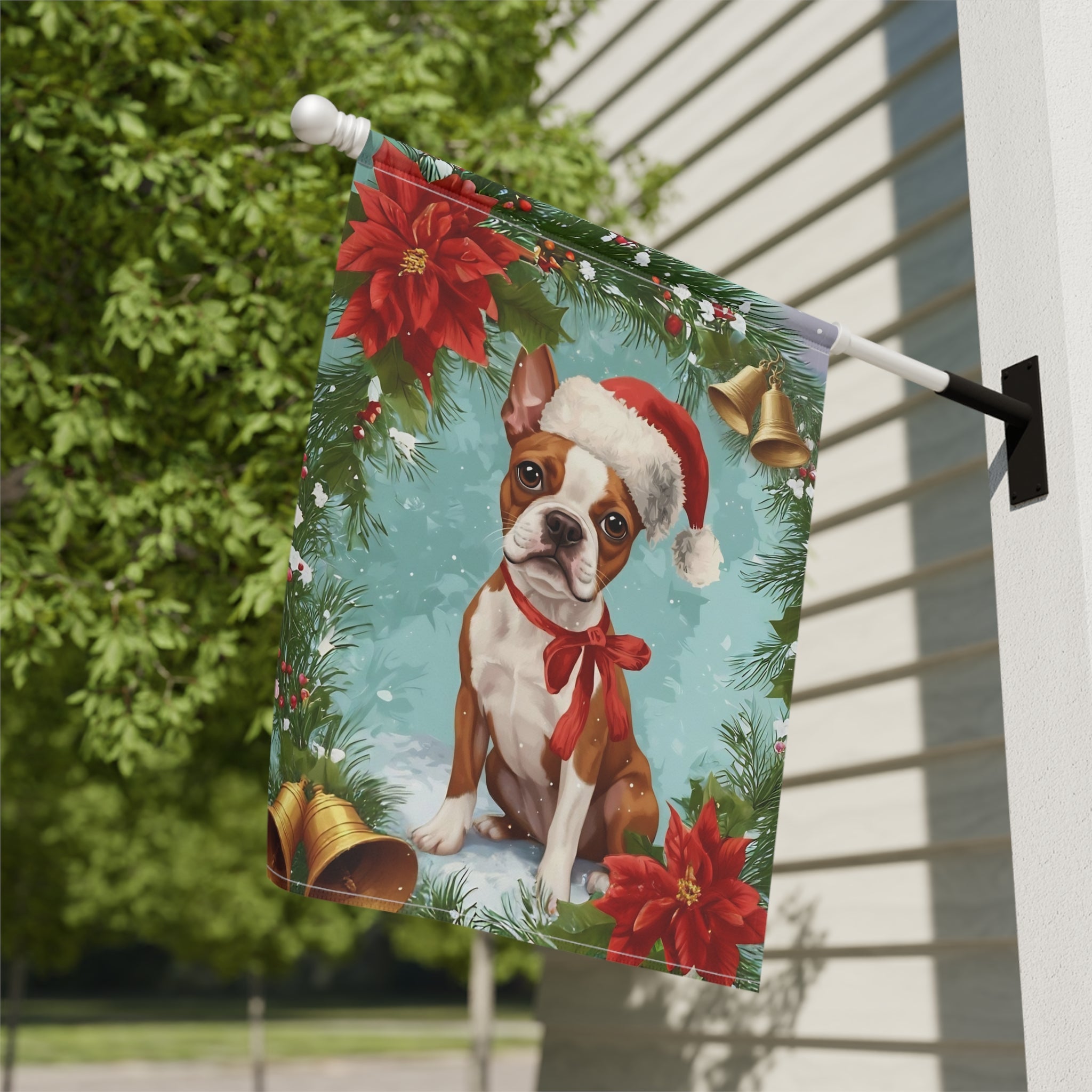 Poinsettia and Bells Red Boston Terrier Christmas Garden Flag - close-up detail - Dragonfire Gardens