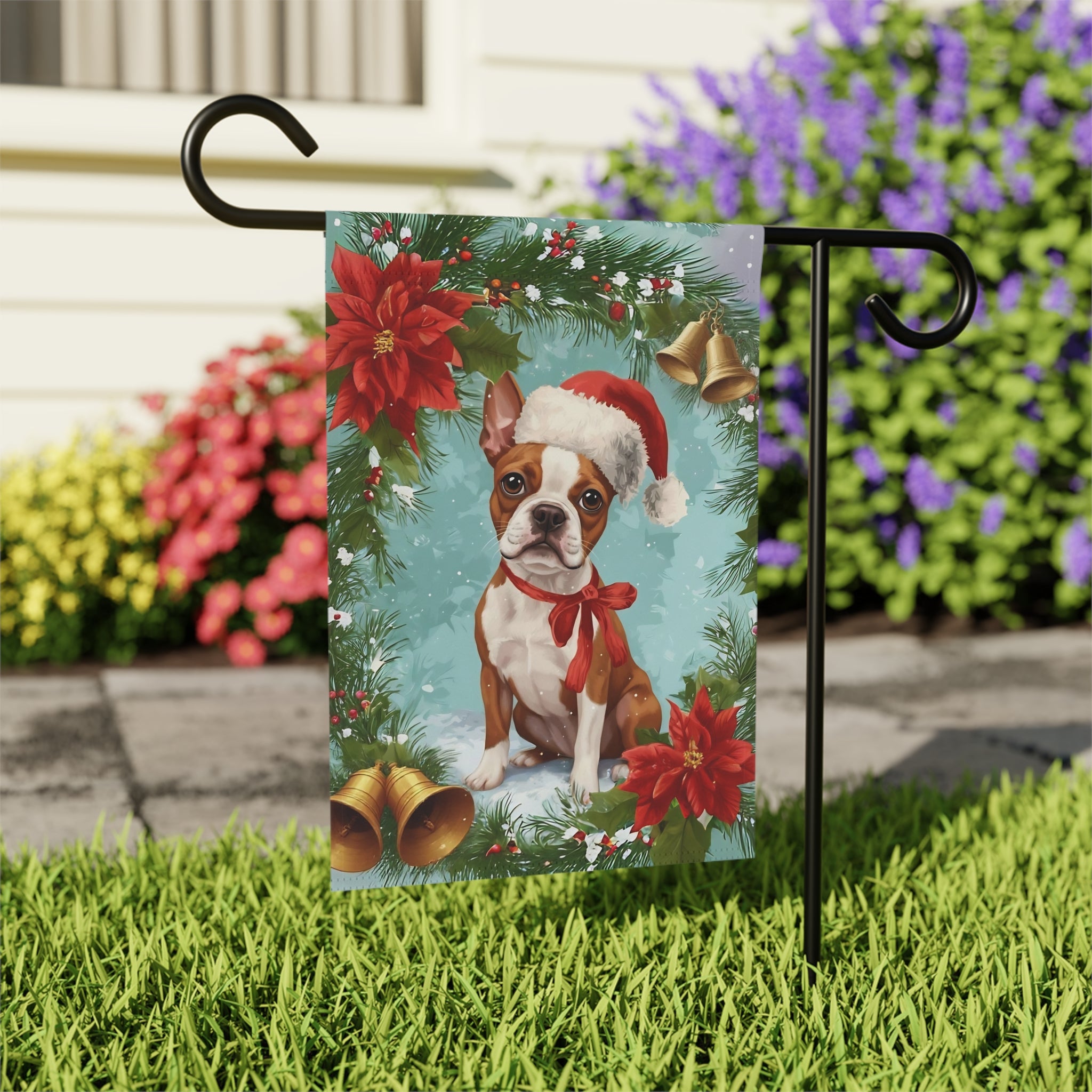 Poinsettia and Bells Red Boston Terrier Christmas Garden Flag - outdoor display - Dragonfire Gardens