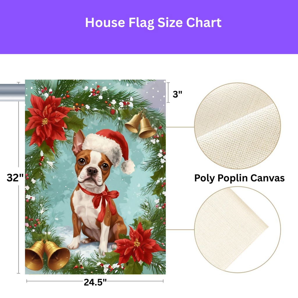 Poinsettia and Bells Red Boston Terrier Christmas Garden Flag - yard display - Dragonfire Gardens