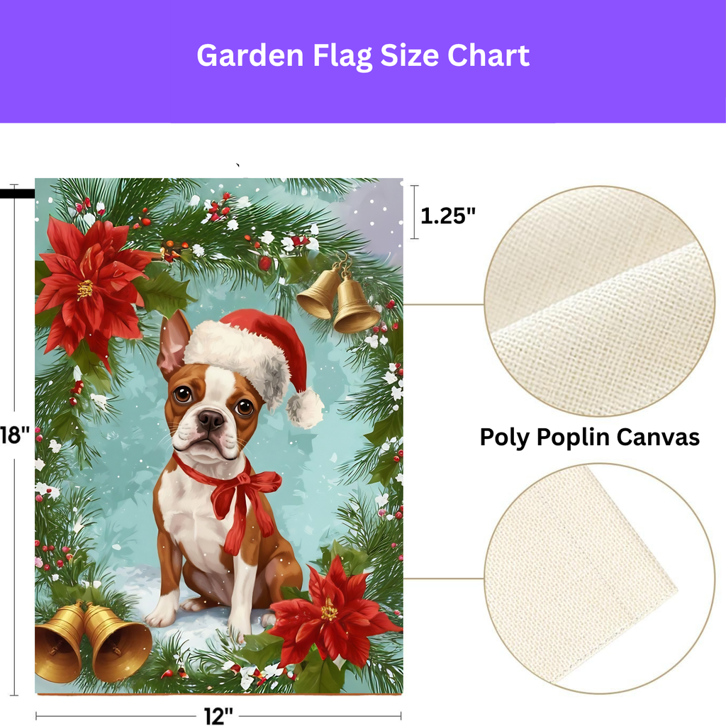 Poinsettia and Bells Red Boston Terrier Christmas Garden Flag - porch decor - Dragonfire Gardens