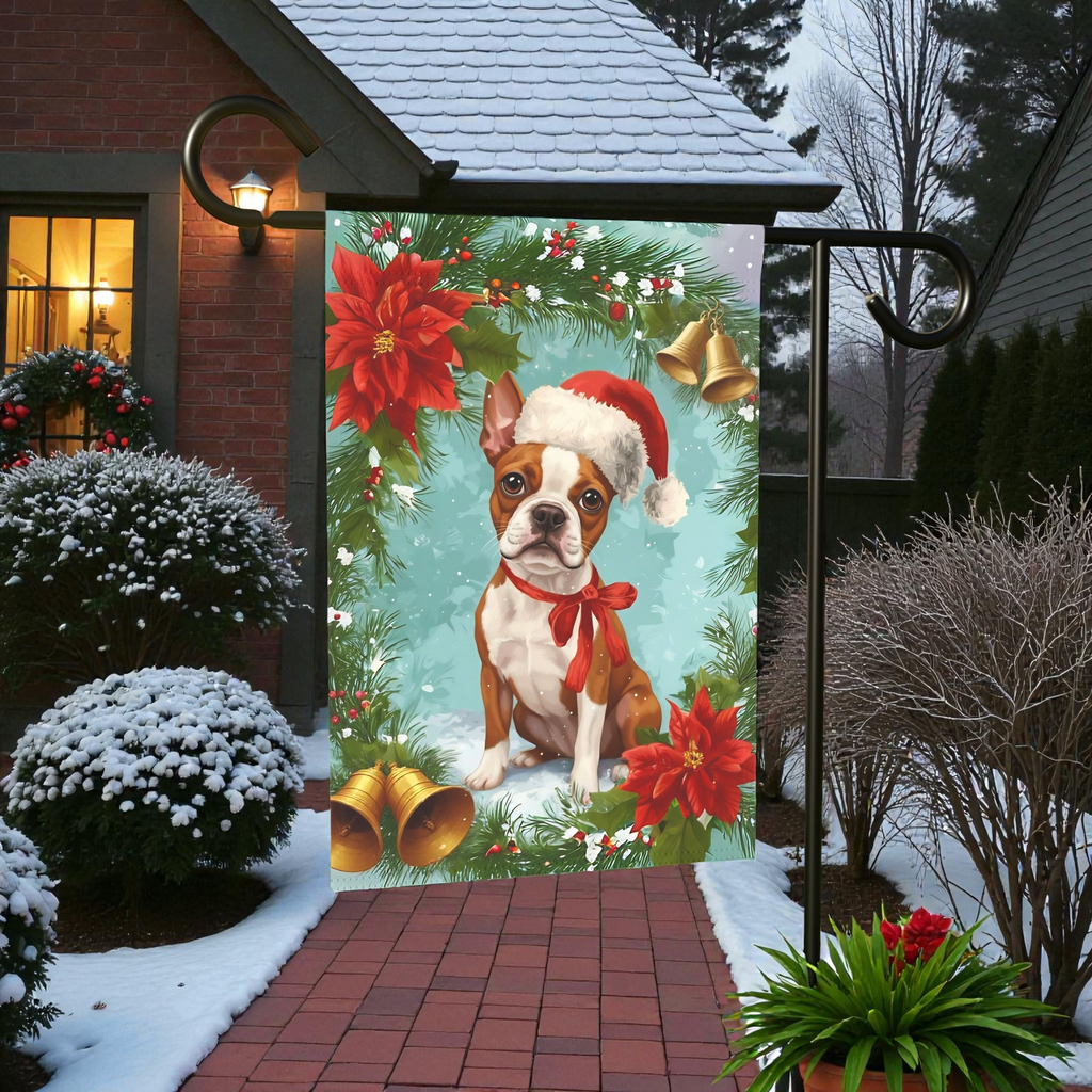 Poinsettia and Bells Red Boston Terrier Christmas Garden Flag - front view - Dragonfire Gardens