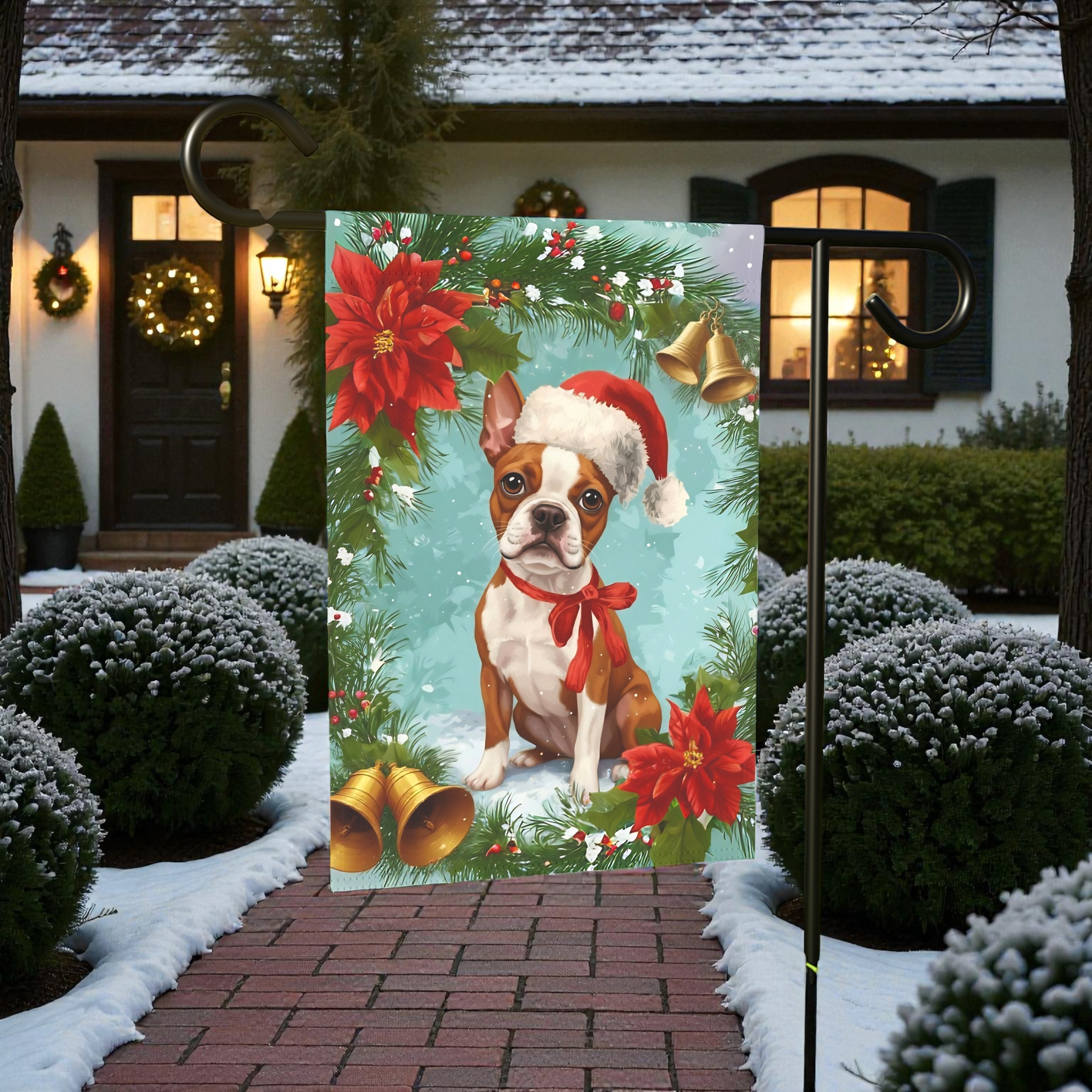 Poinsettia and Bells Red Boston Terrier Christmas Garden Flag - size comparison - Dragonfire Gardens