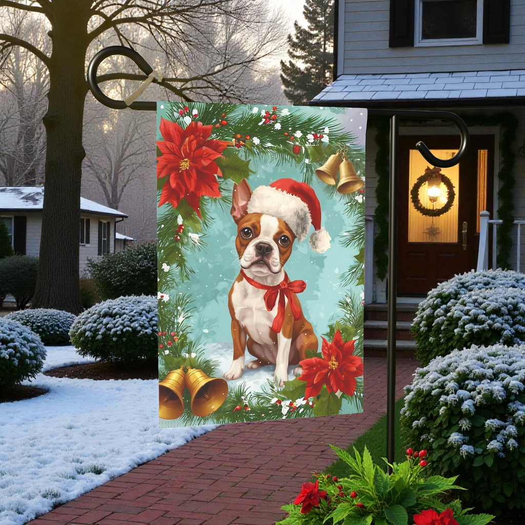 Poinsettia and Bells Red Boston Terrier Christmas Garden Flag - lifestyle display - Dragonfire Gardens