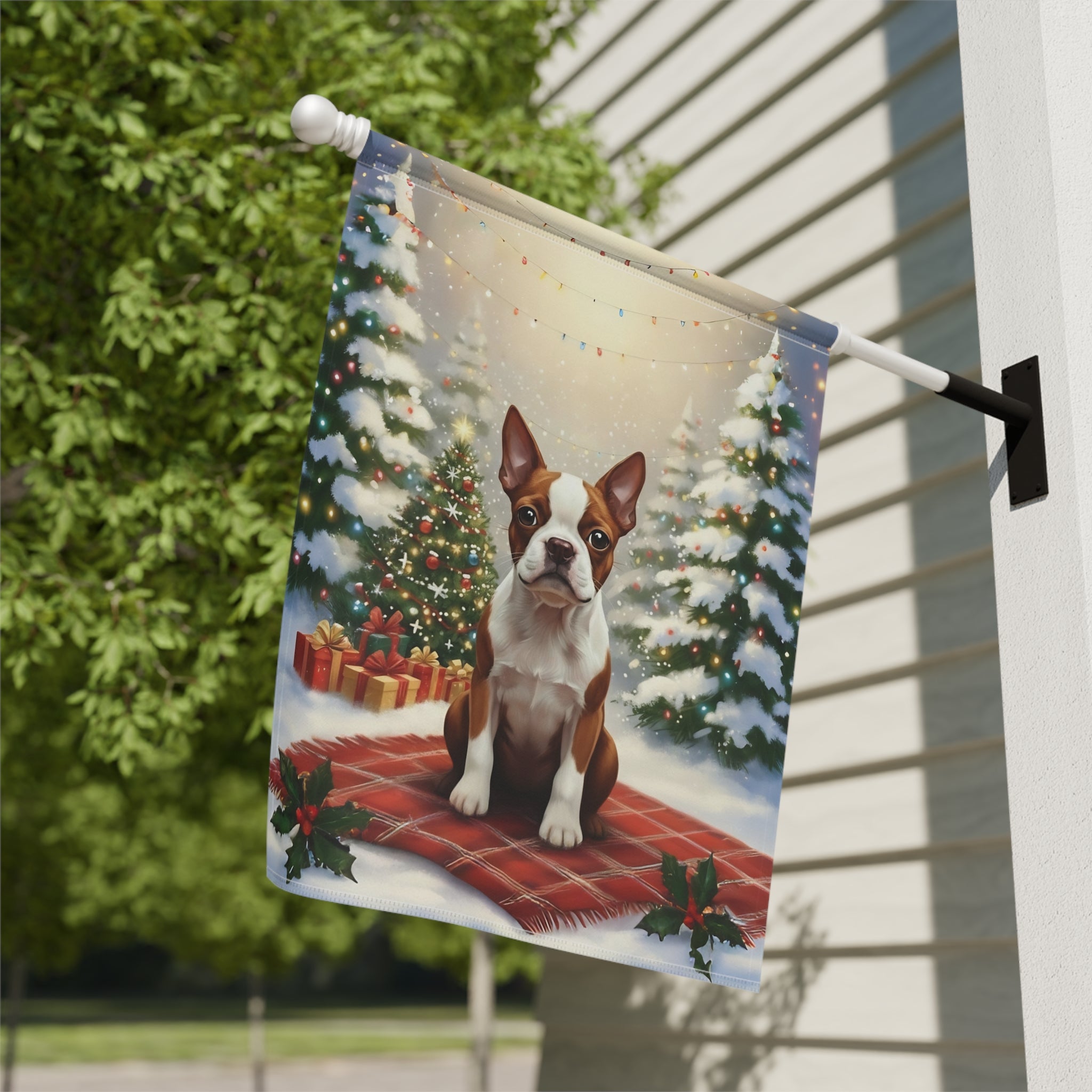 Christmas Tree With Presents Red Boston Terrier Garden Flag - close-up detail - Dragonfire Gardens