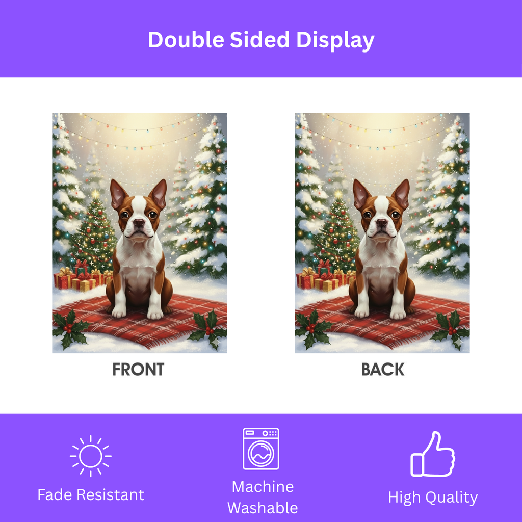 Christmas Tree With Presents Red Boston Terrier Garden Flag - double-sided design - Dragonfire Gardens
