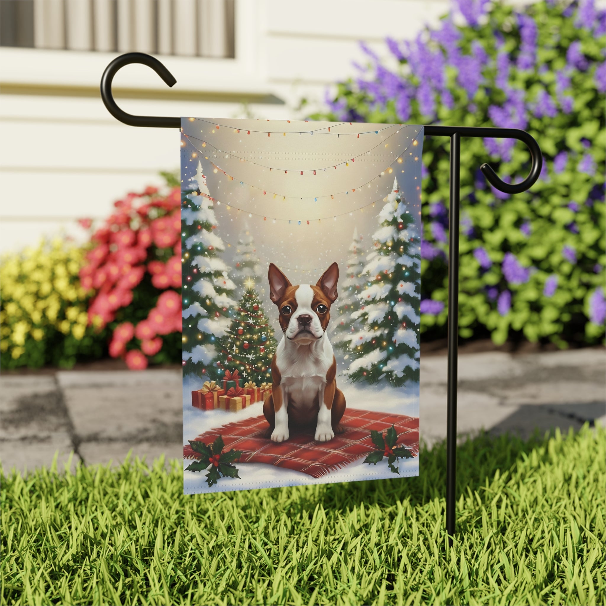 Christmas Tree With Presents Red Boston Terrier Garden Flag - outdoor display - Dragonfire Gardens