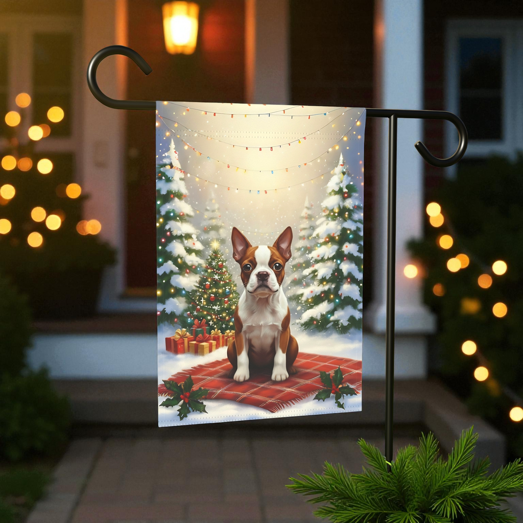 Christmas Tree With Presents Red Boston Terrier Garden Flag - size comparison - Dragonfire Gardens