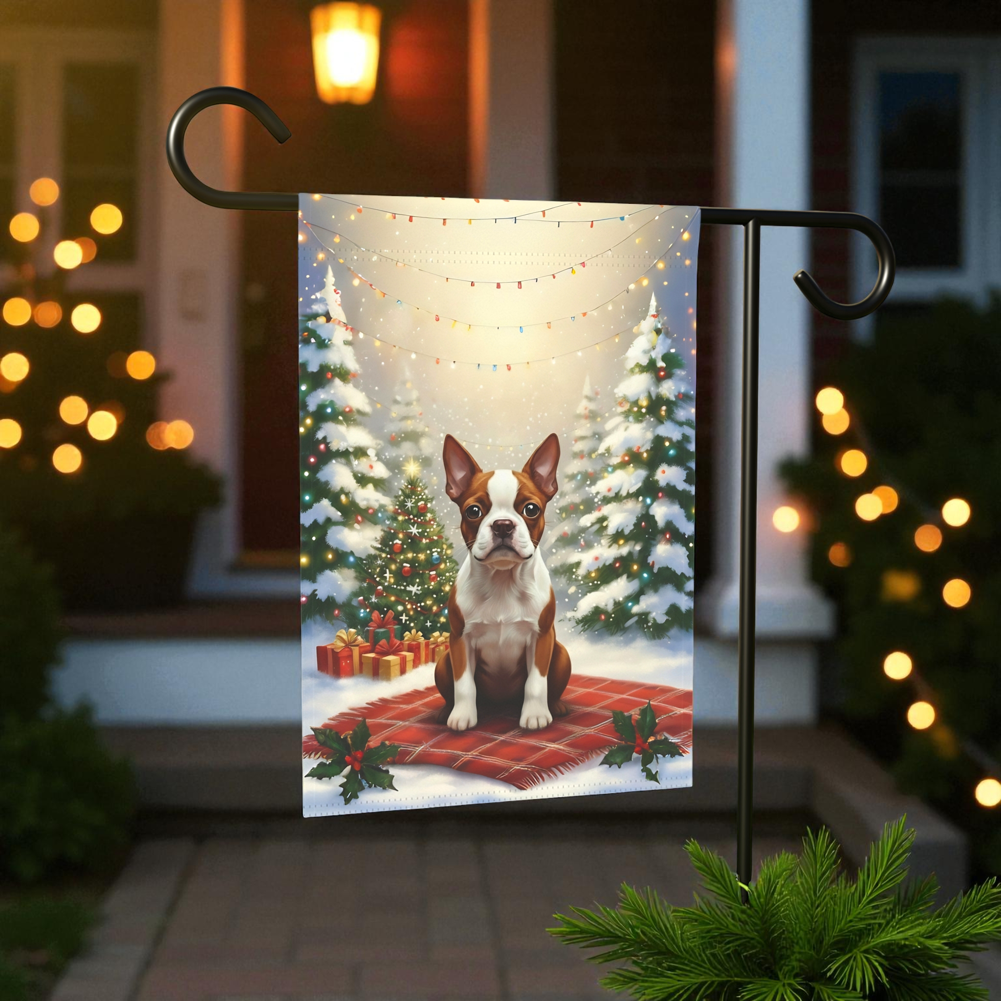 Christmas Tree With Presents Red Boston Terrier Garden Flag - size comparison - Dragonfire Gardens