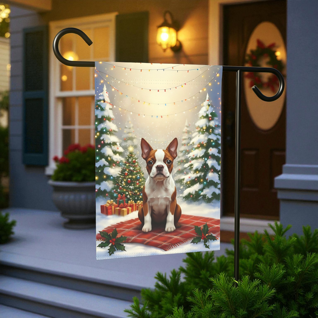 Christmas Tree With Presents Red Boston Terrier Garden Flag - front view - Dragonfire Gardens