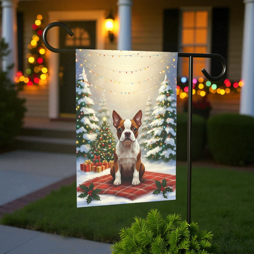 Christmas Tree With Presents Red Boston Terrier Garden Flag - lifestyle display - Dragonfire Gardens