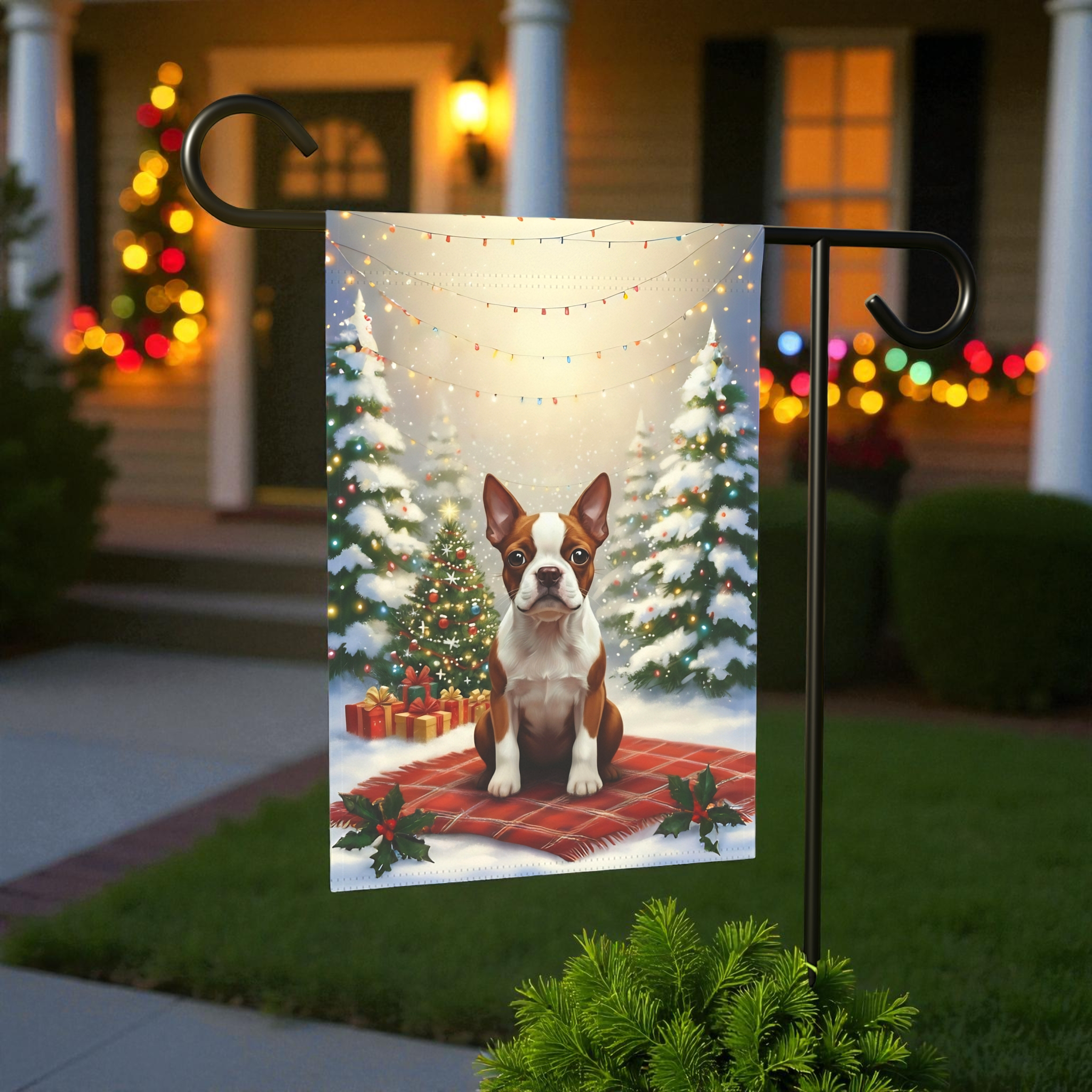 Christmas Tree With Presents Red Boston Terrier Garden Flag - lifestyle display - Dragonfire Gardens