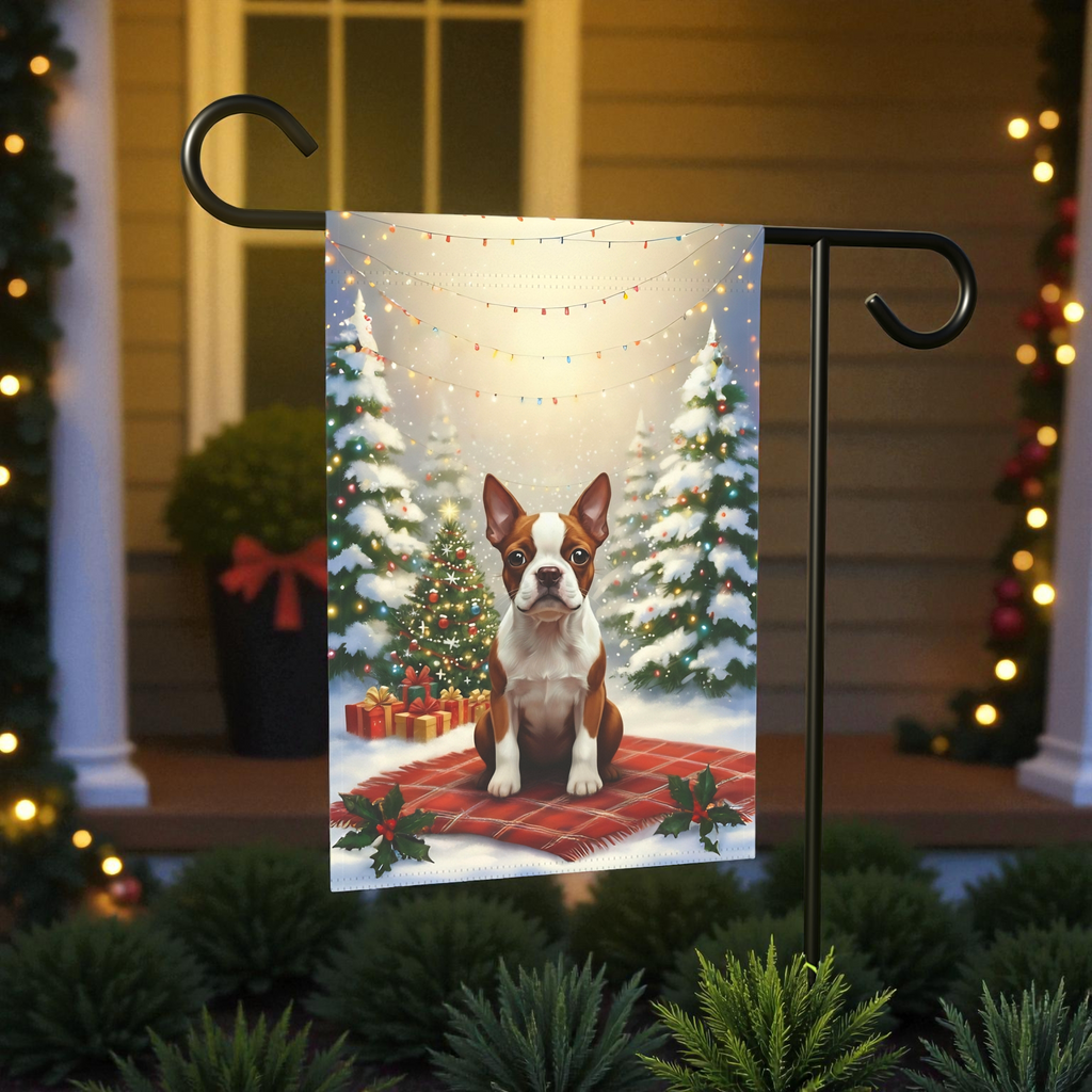 Christmas Tree With Presents Red Boston Terrier Garden Flag - product detail - Dragonfire Gardens