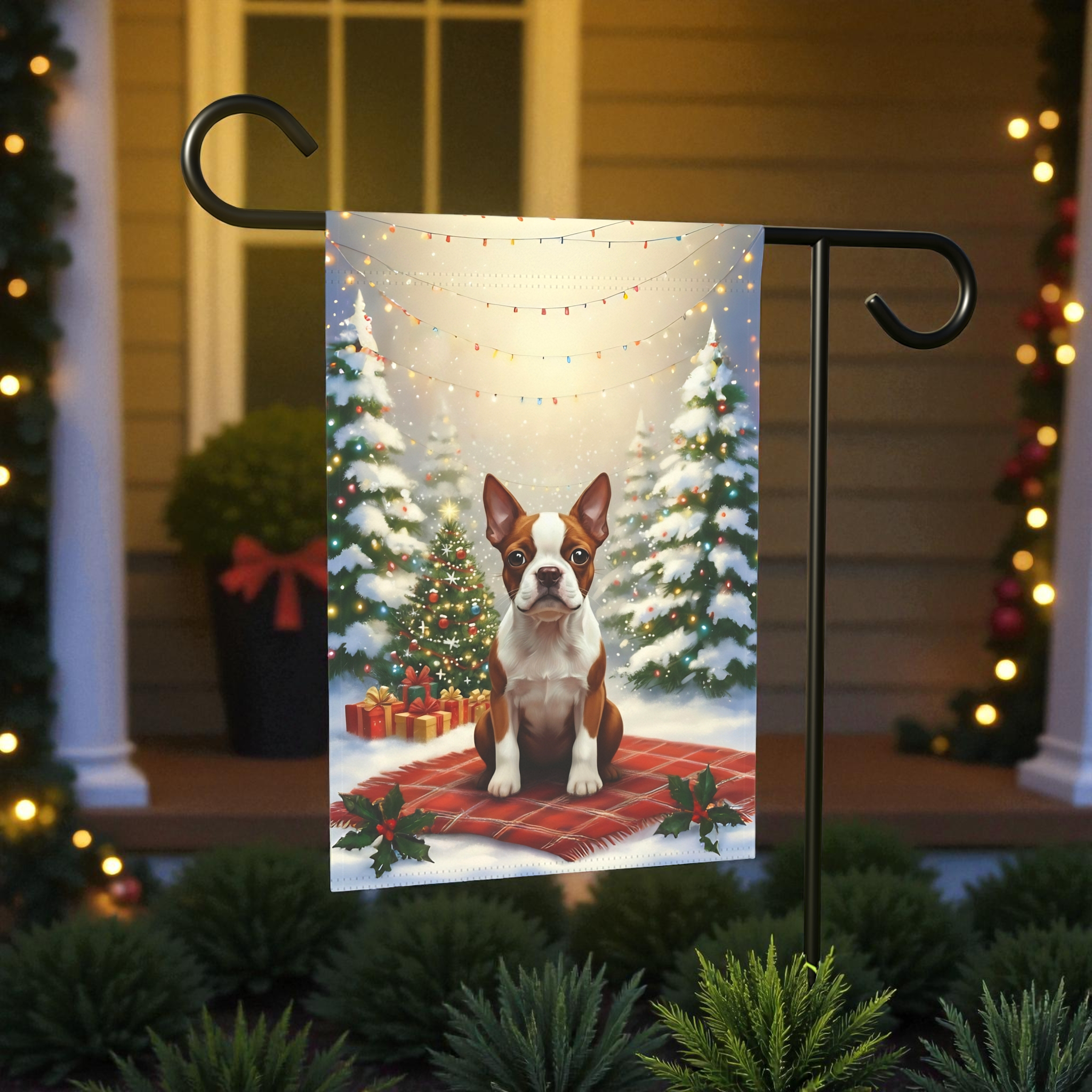 Christmas Tree With Presents Red Boston Terrier Garden Flag - product detail - Dragonfire Gardens