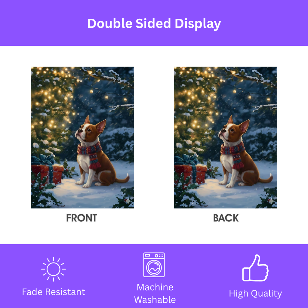 Standing By The Christmas Tree Red Boston Terrier Garden Flag - double-sided design - Dragonfire Gardens