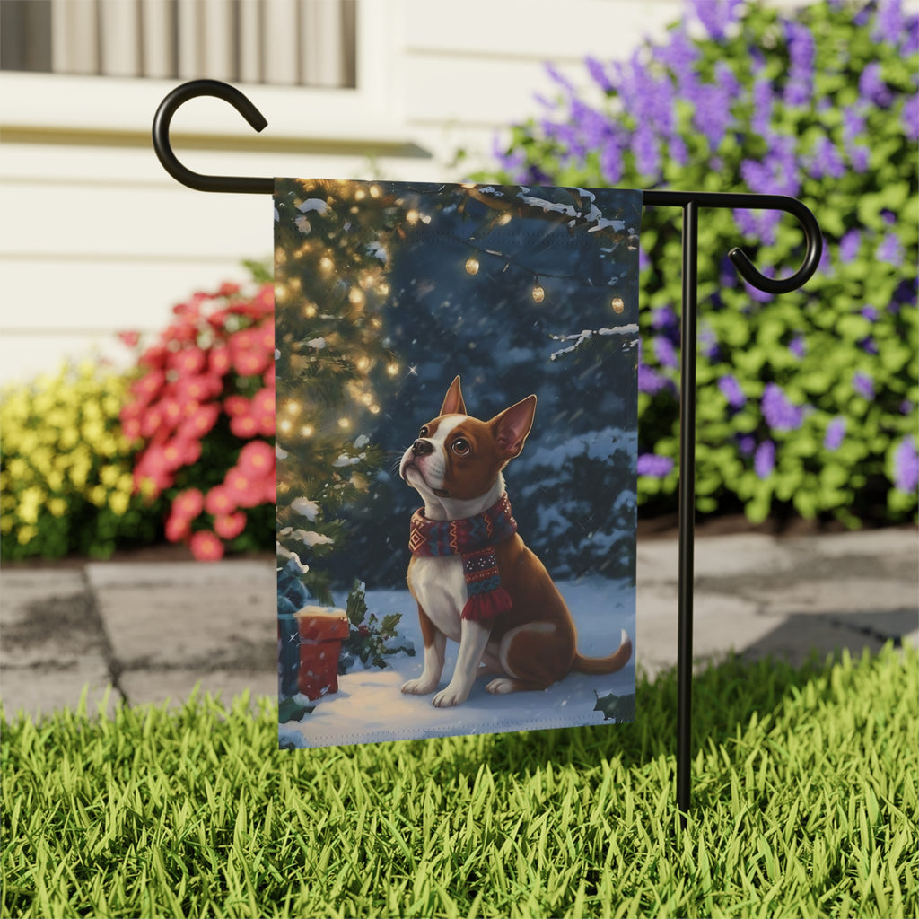 Standing By The Christmas Tree Red Boston Terrier Garden Flag - outdoor display - Dragonfire Gardens
