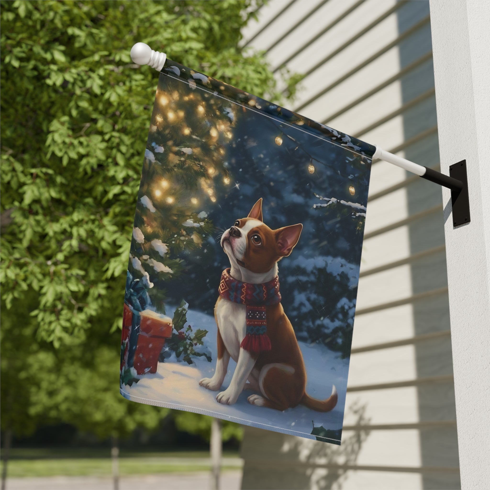 Standing By The Christmas Tree Red Boston Terrier Garden Flag - close-up detail - Dragonfire Gardens