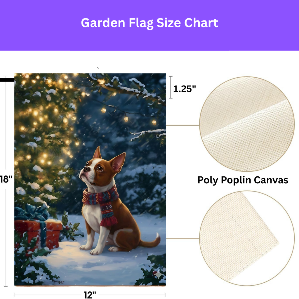 Standing By The Christmas Tree Red Boston Terrier Garden Flag - porch decor - Dragonfire Gardens