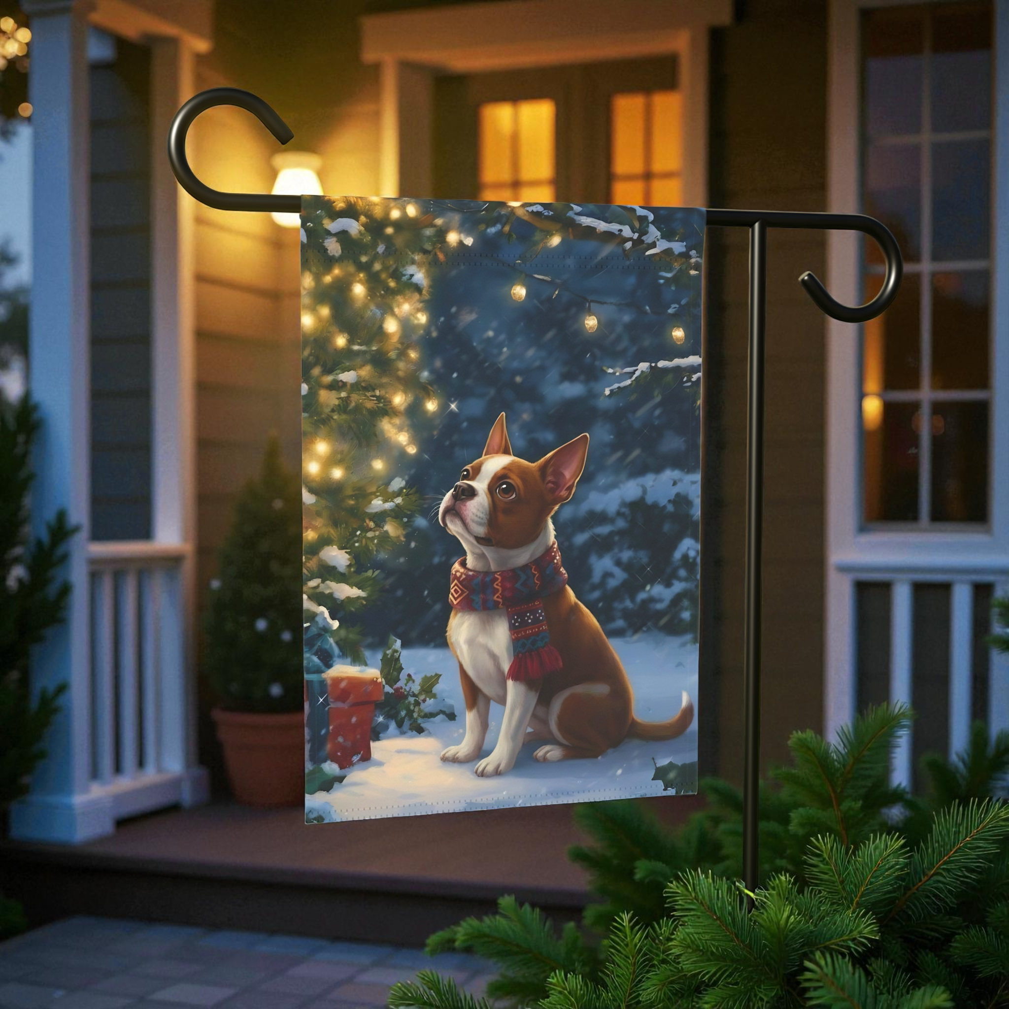 Standing By The Christmas Tree Red Boston Terrier Garden Flag - front view - Dragonfire Gardens