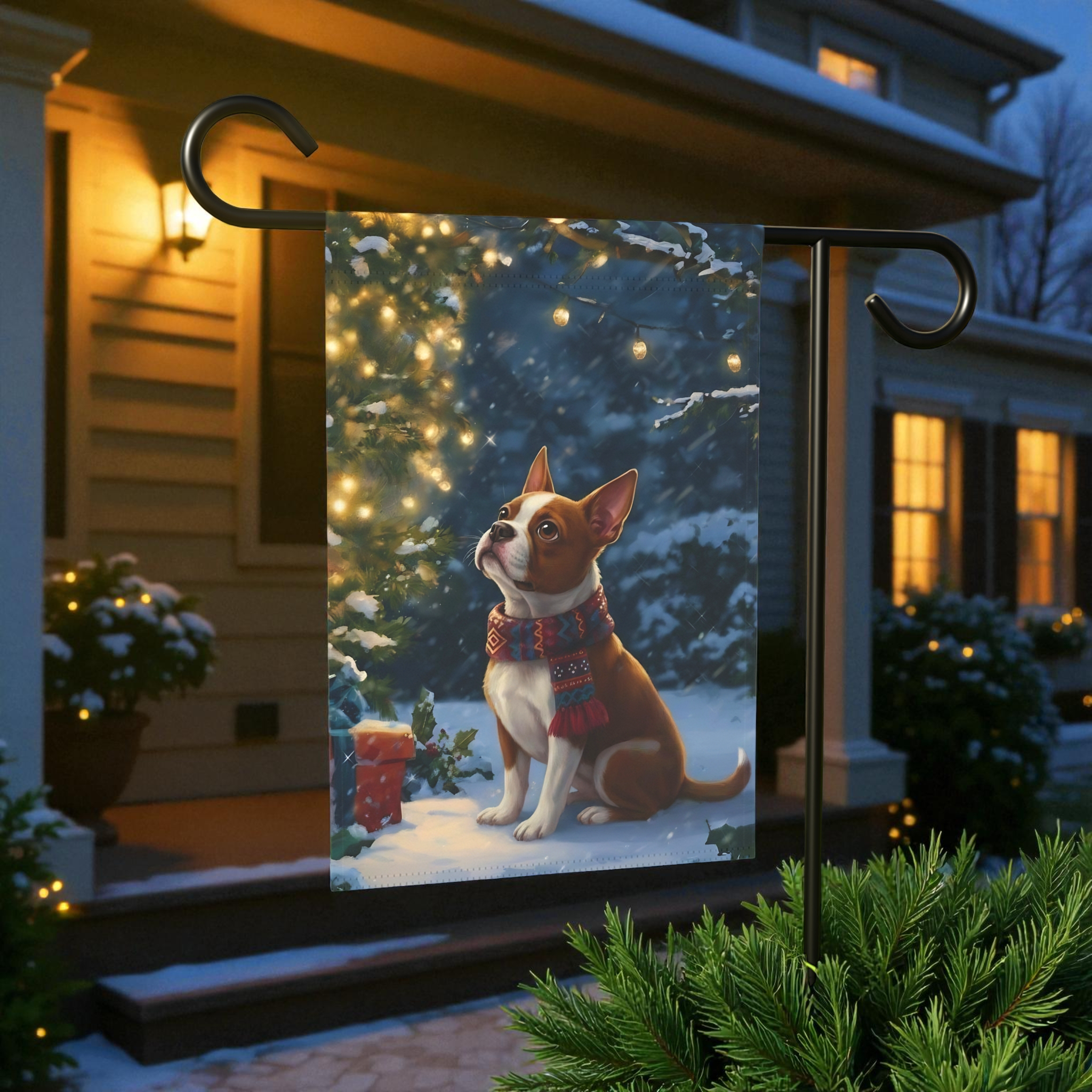 Standing By The Christmas Tree Red Boston Terrier Garden Flag - size comparison - Dragonfire Gardens