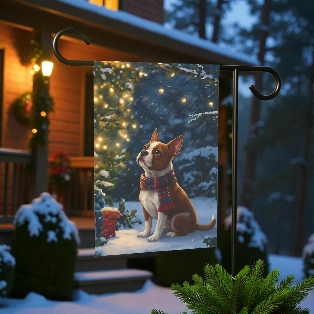 Standing By The Christmas Tree Red Boston Terrier Garden Flag - lifestyle display - Dragonfire Gardens