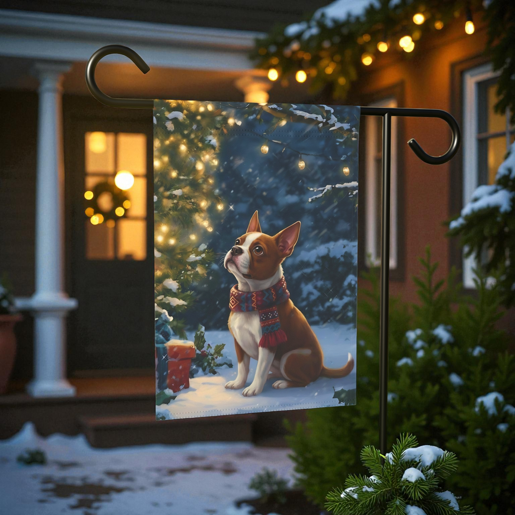 Standing By The Christmas Tree Red Boston Terrier Garden Flag - product detail - Dragonfire Gardens