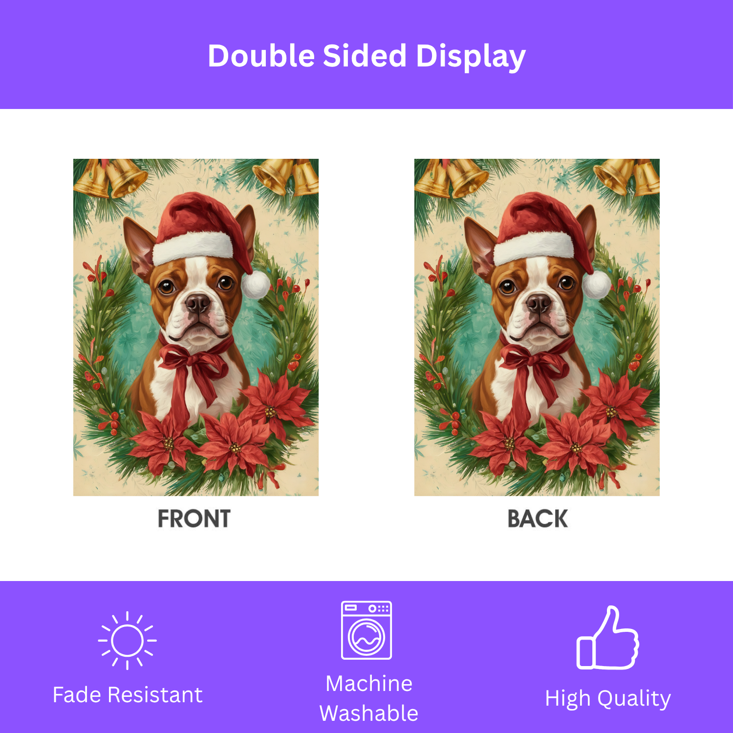 Santa Hat and Bow Red Boston Terrier Christmas Garden Flag - yard display - Dragonfire Gardens