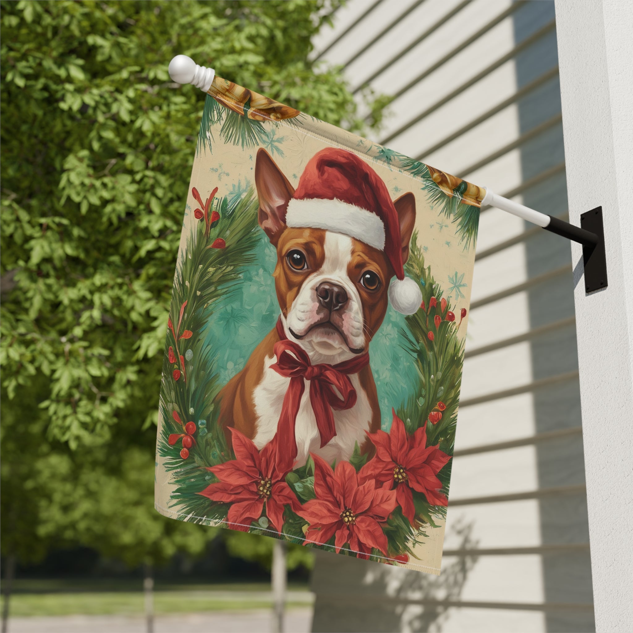 Santa Hat and Bow Red Boston Terrier Christmas Garden Flag - double-sided design - Dragonfire Gardens