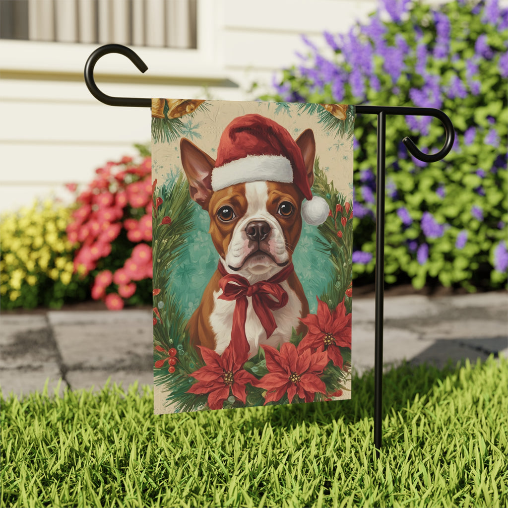 Santa Hat and Bow Red Boston Terrier Christmas Garden Flag - close-up detail - Dragonfire Gardens