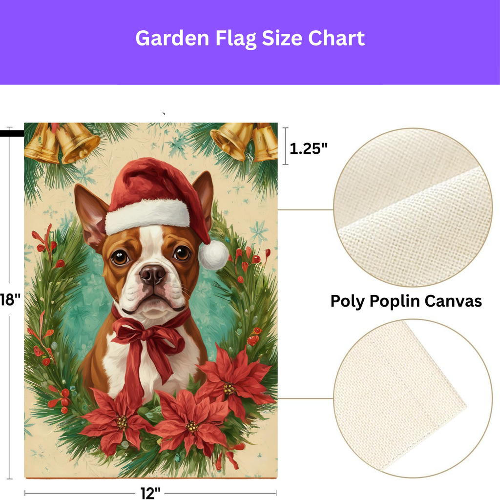 Santa Hat and Bow Red Boston Terrier Christmas Garden Flag - size comparison - Dragonfire Gardens