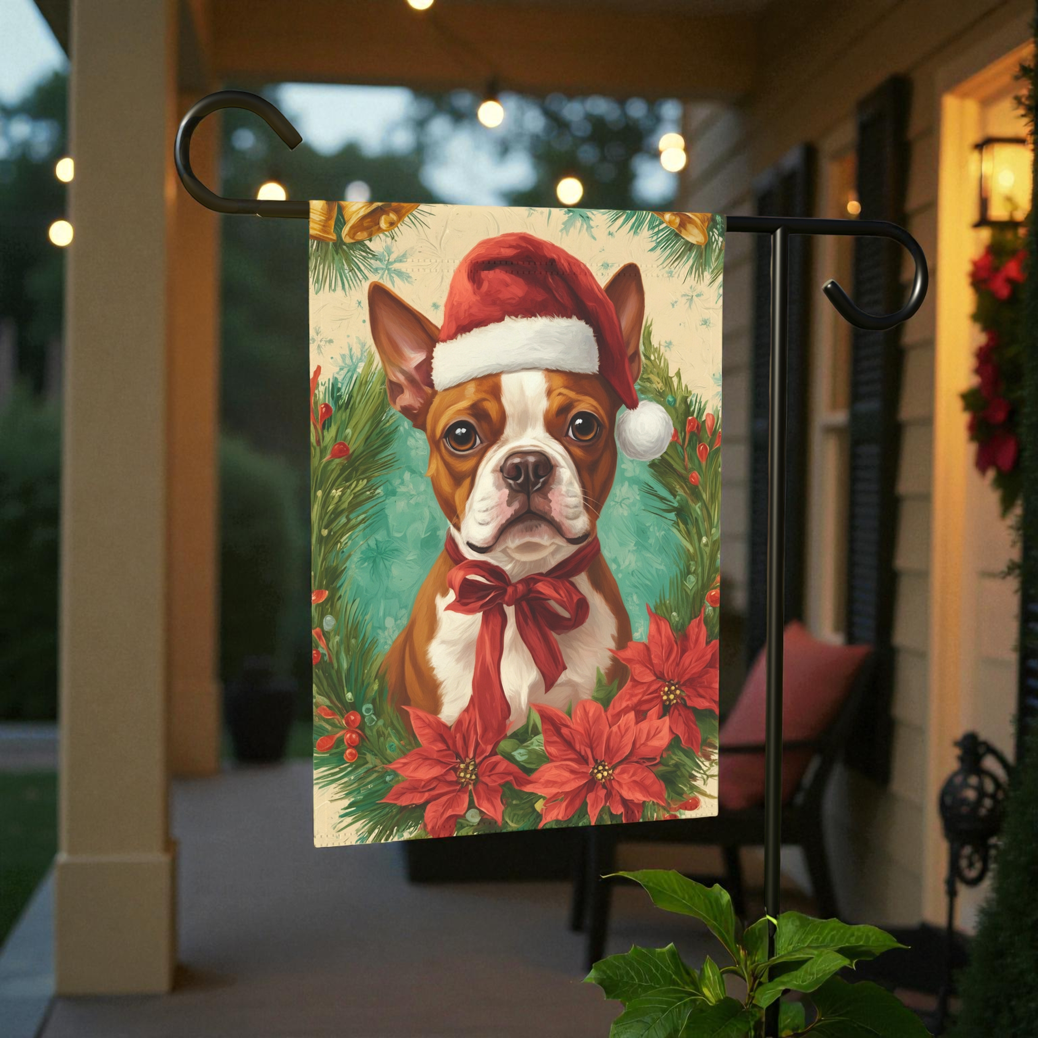Santa Hat and Bow Red Boston Terrier Christmas Garden Flag - front view - Dragonfire Gardens