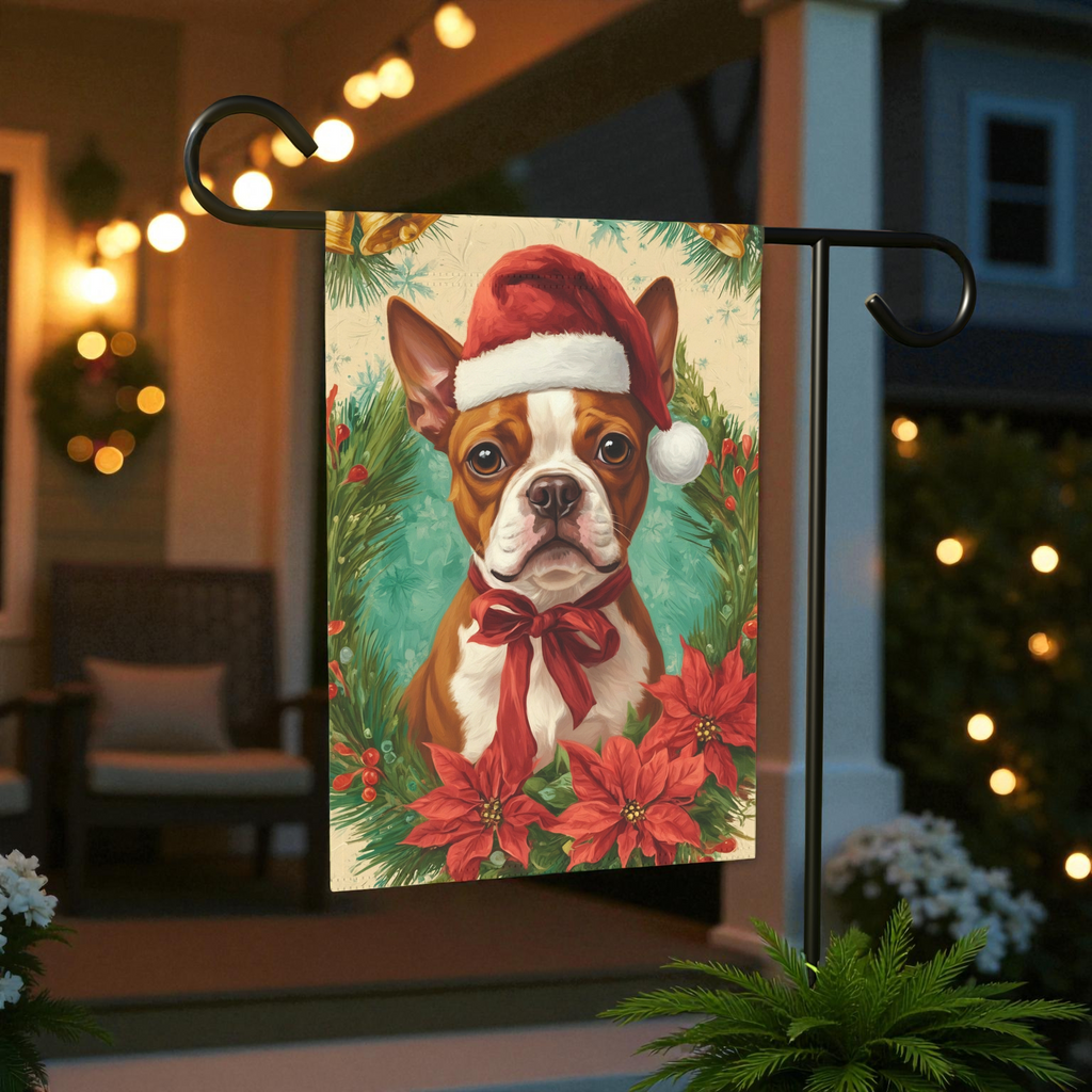 Santa Hat and Bow Red Boston Terrier Christmas Garden Flag - outdoor display - Dragonfire Gardens