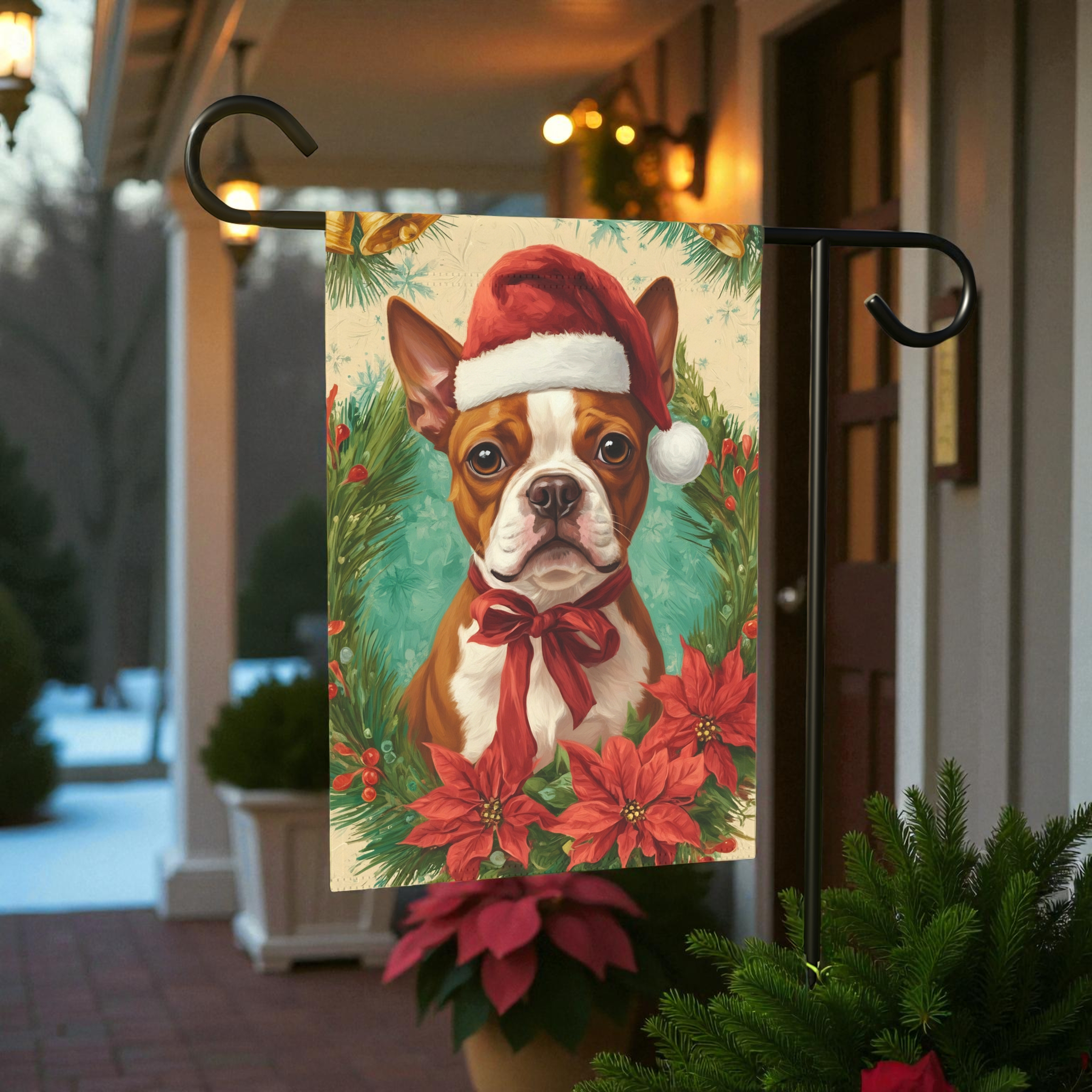 Santa Hat and Bow Red Boston Terrier Christmas Garden Flag - lifestyle display - Dragonfire Gardens