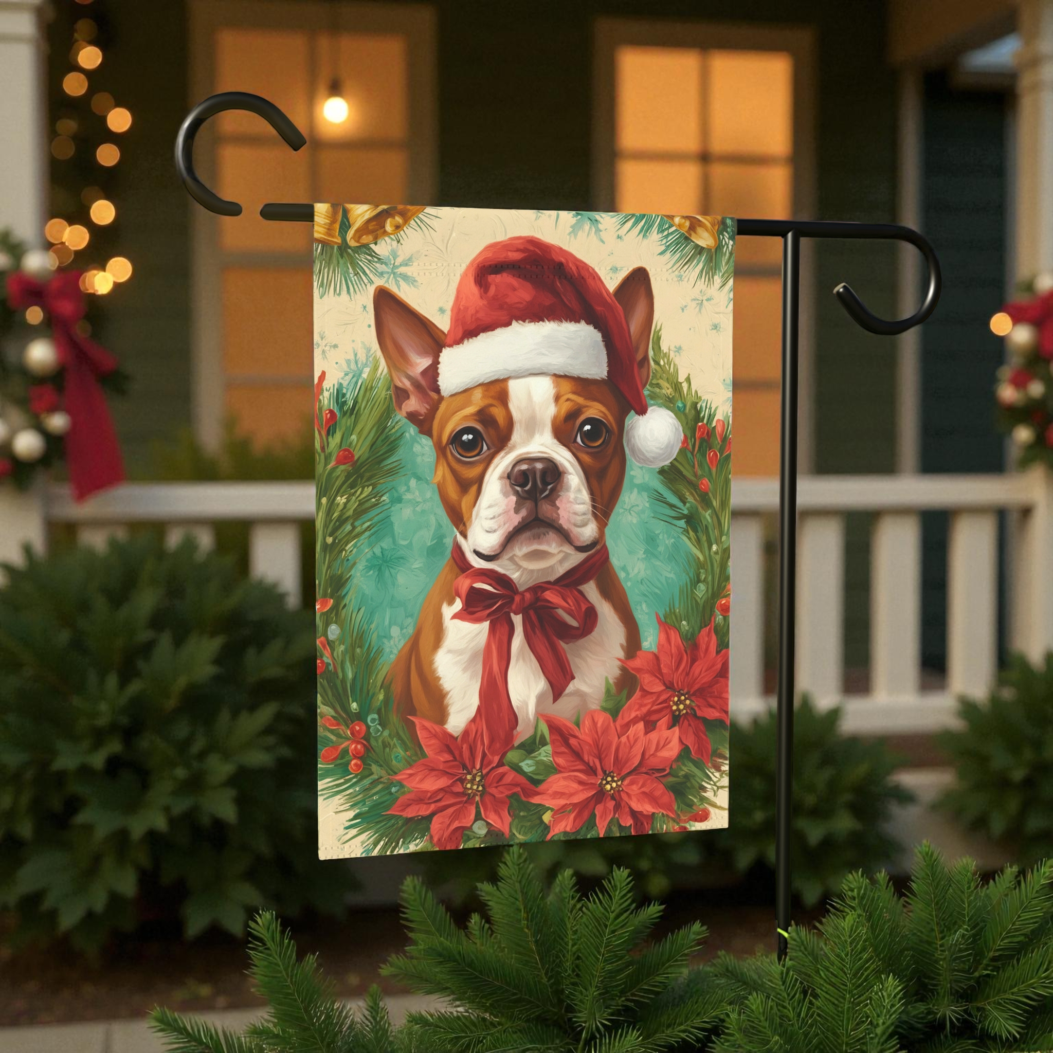 Santa Hat and Bow Red Boston Terrier Christmas Garden Flag - product detail - Dragonfire Gardens