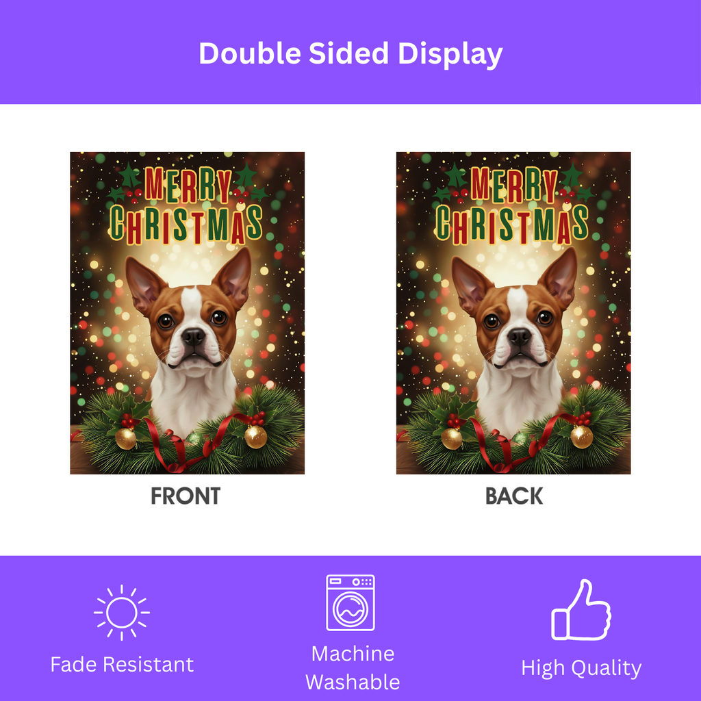 Merry Christmas Red Boston Terrier Garden Flag - double-sided design - Dragonfire Gardens