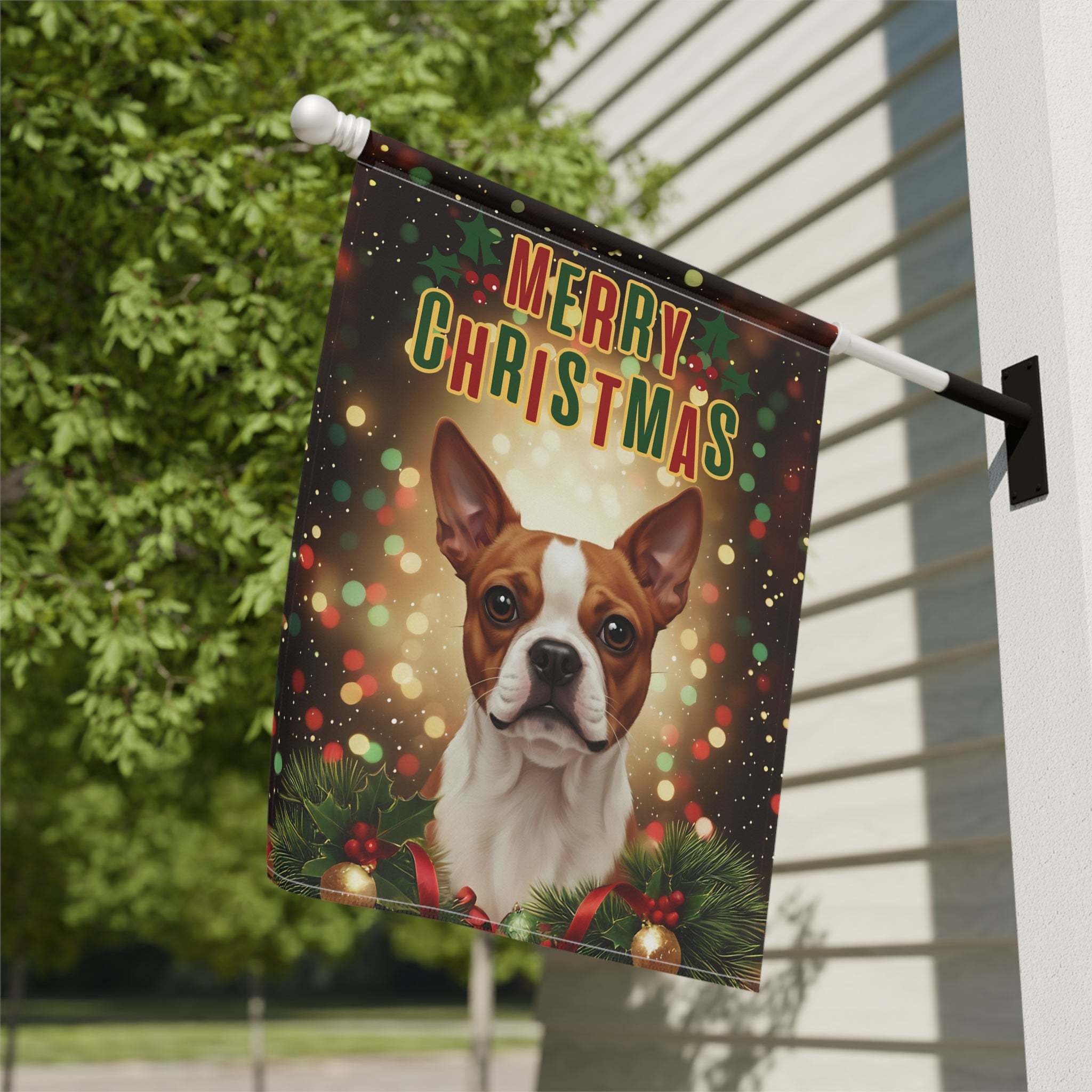 Merry Christmas Red Boston Terrier Garden Flag - close-up detail - Dragonfire Gardens