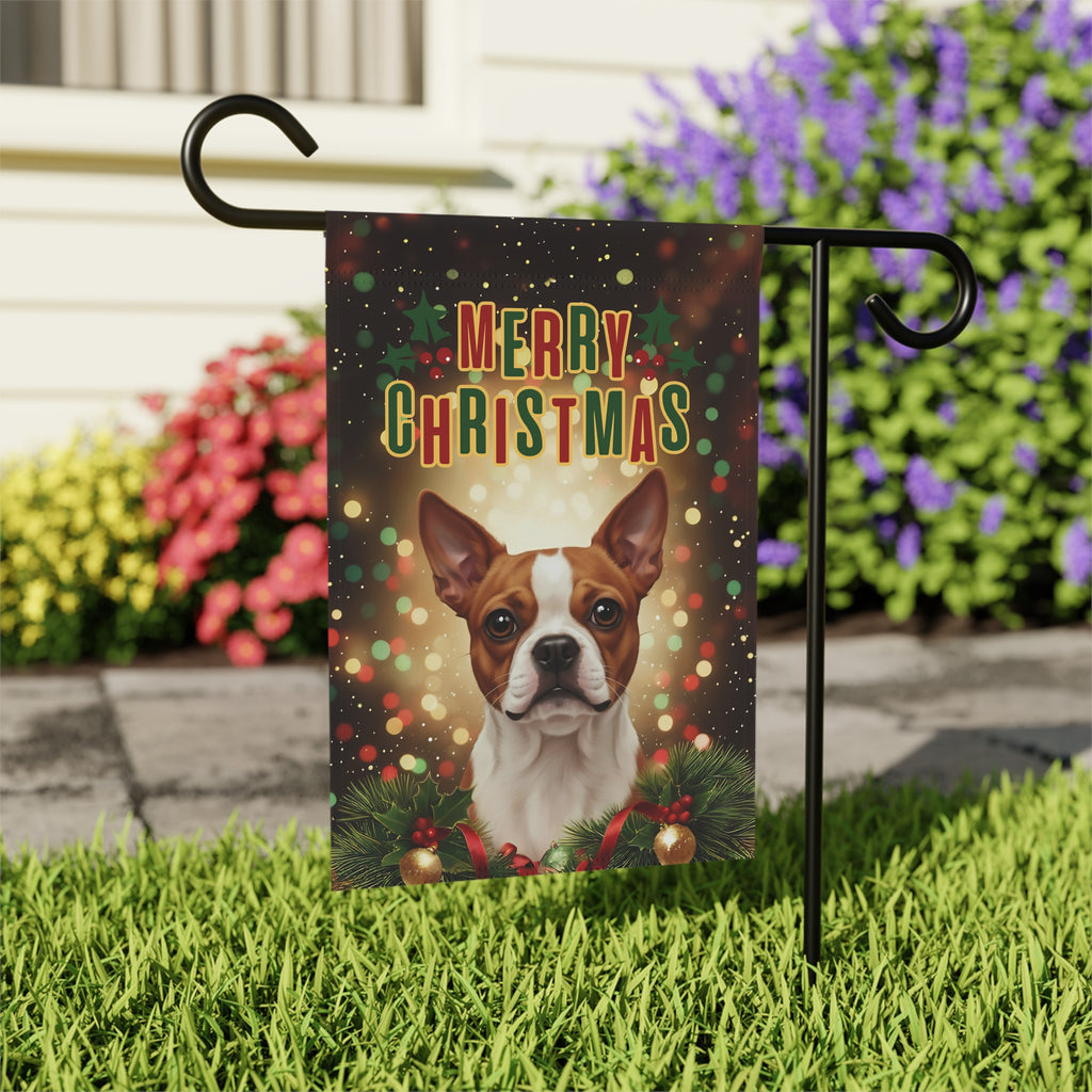 Merry Christmas Red Boston Terrier Garden Flag - outdoor display - Dragonfire Gardens