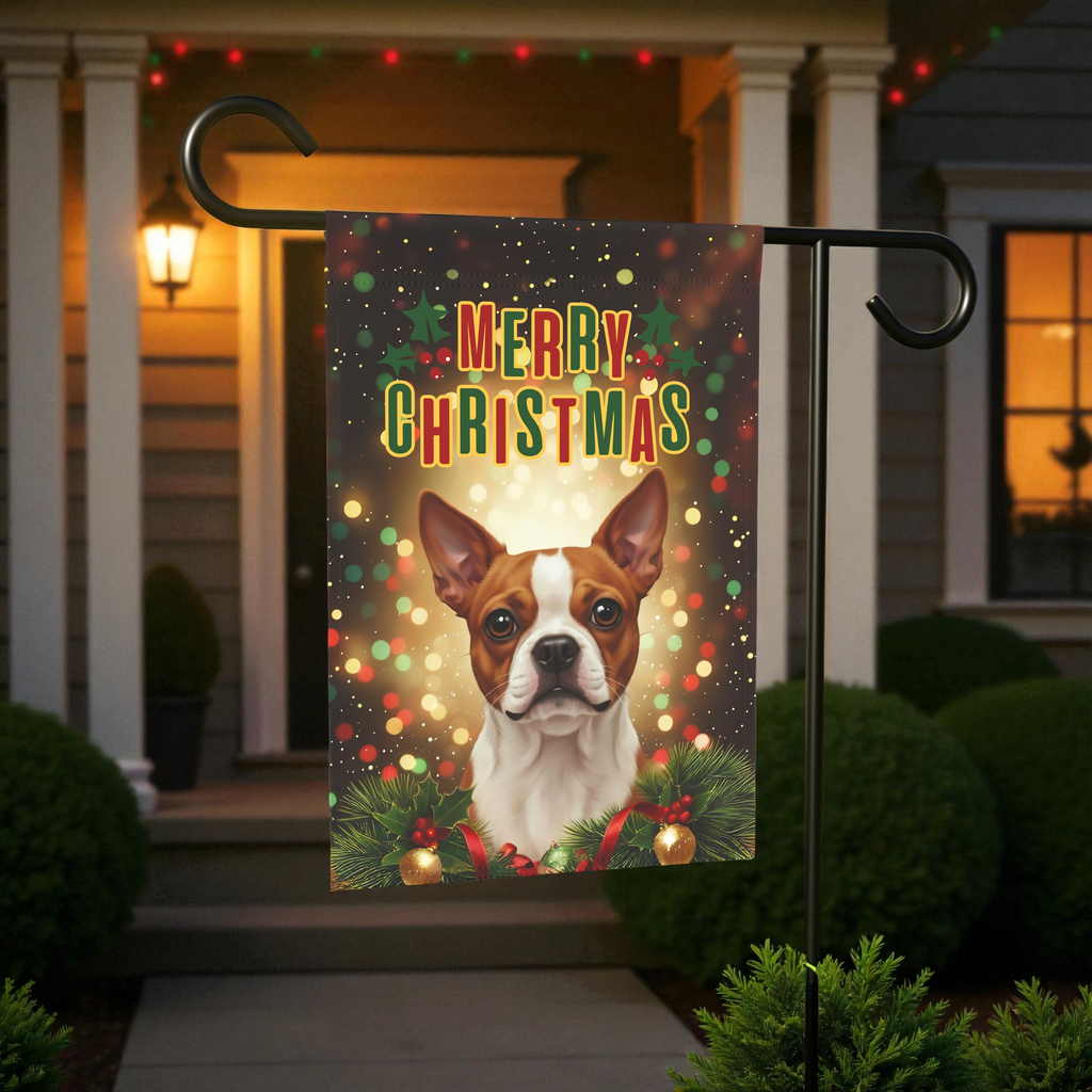 Merry Christmas Red Boston Terrier Garden Flag - lifestyle display - Dragonfire Gardens