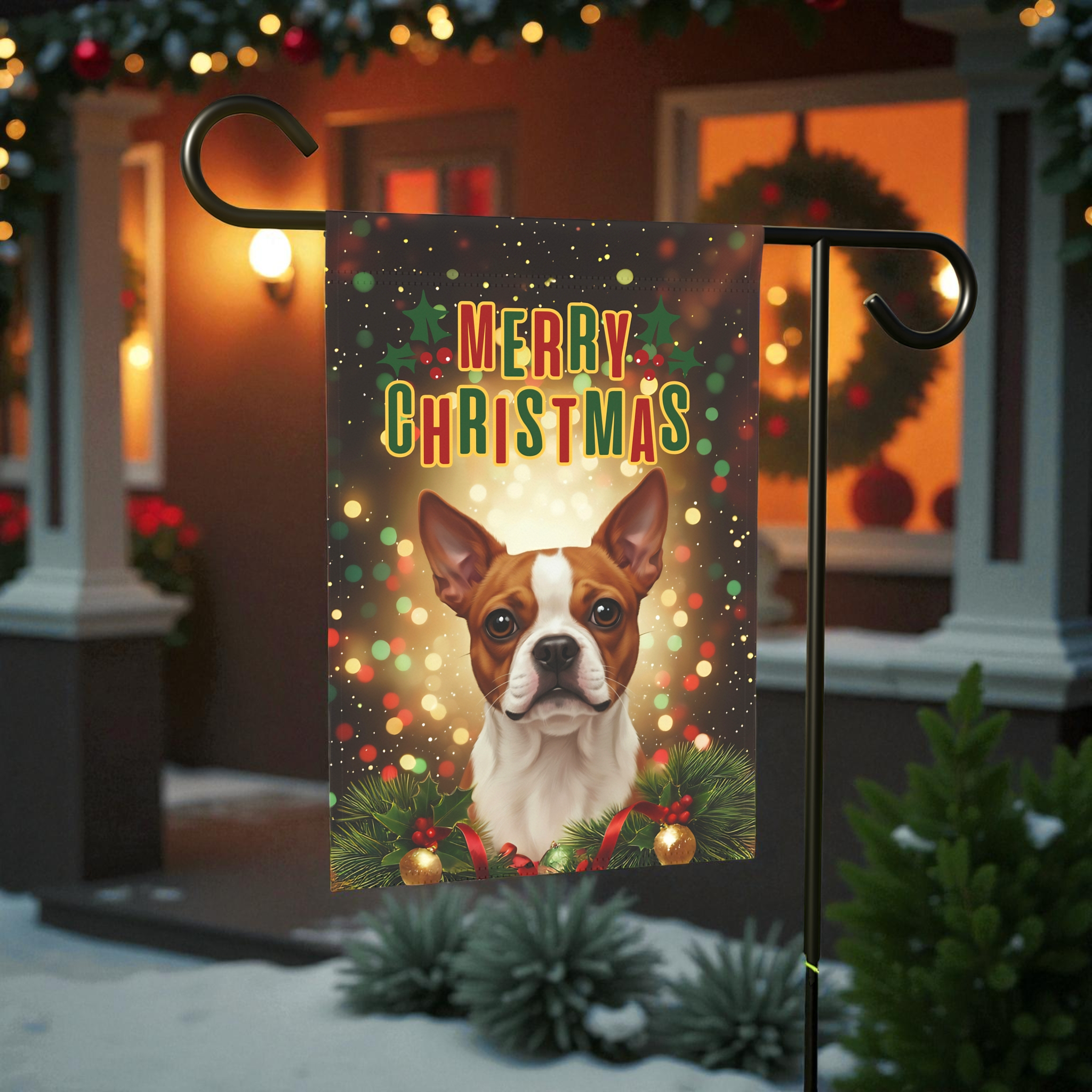 Merry Christmas Red Boston Terrier Garden Flag - size comparison - Dragonfire Gardens