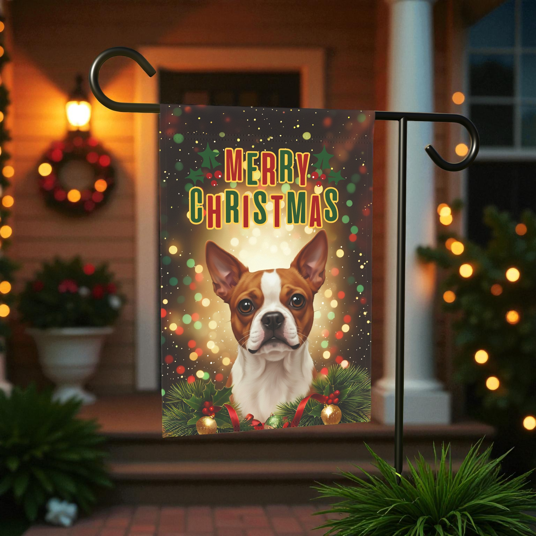 Merry Christmas Red Boston Terrier Garden Flag - front view - Dragonfire Gardens