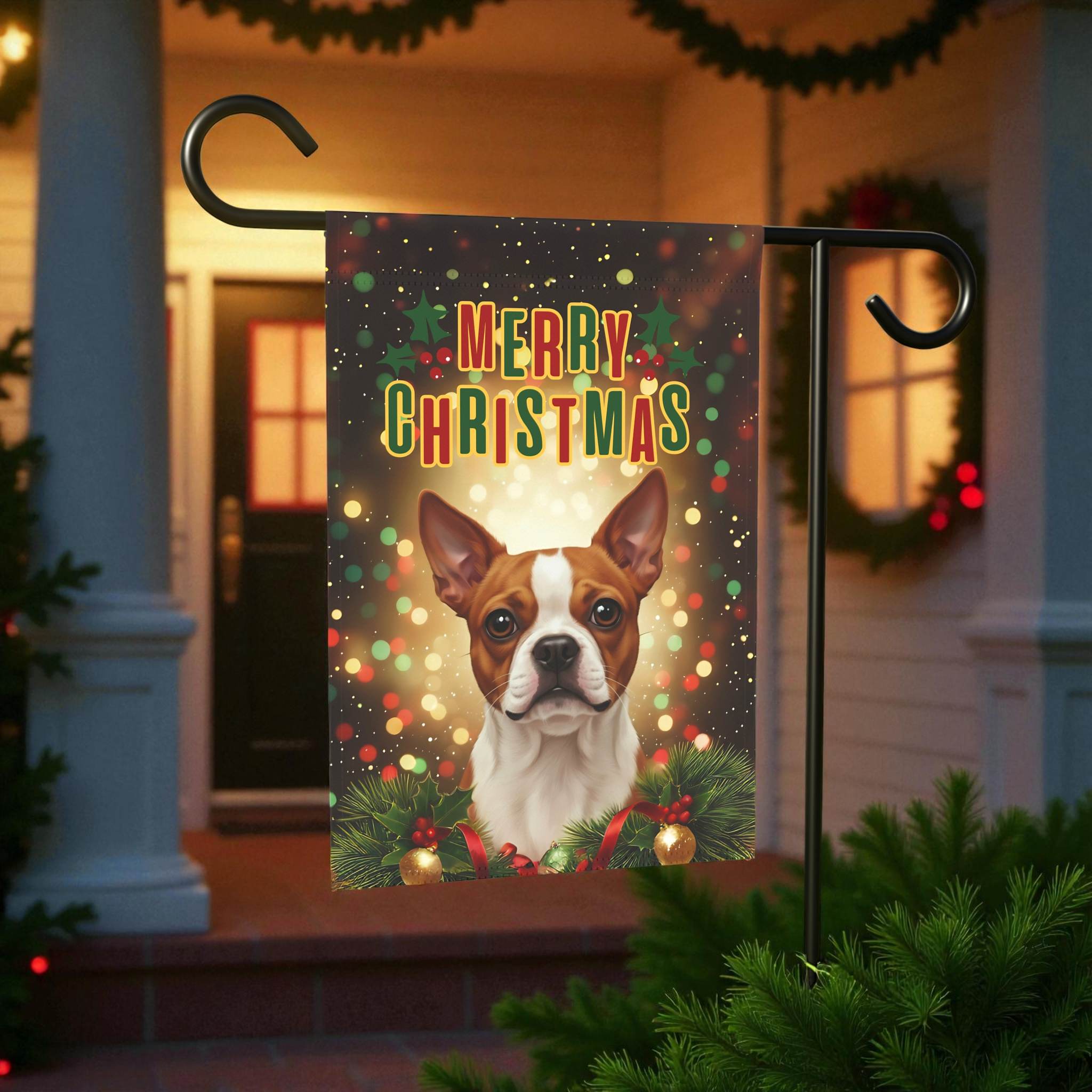 Merry Christmas Red Boston Terrier Garden Flag - product detail - Dragonfire Gardens