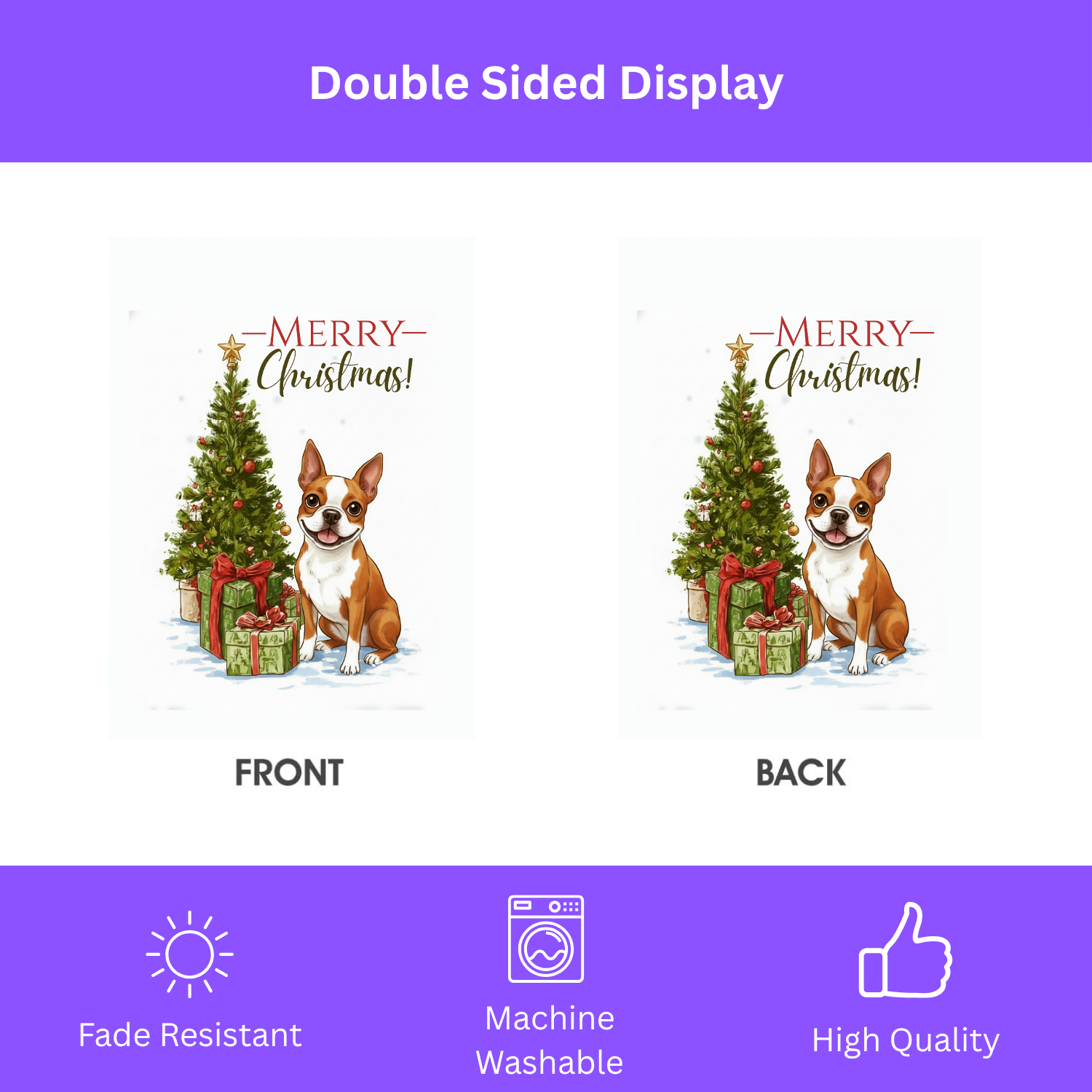 Red Boston Terrier and Presents Christmas Garden Flag - double-sided design - Dragonfire Gardens