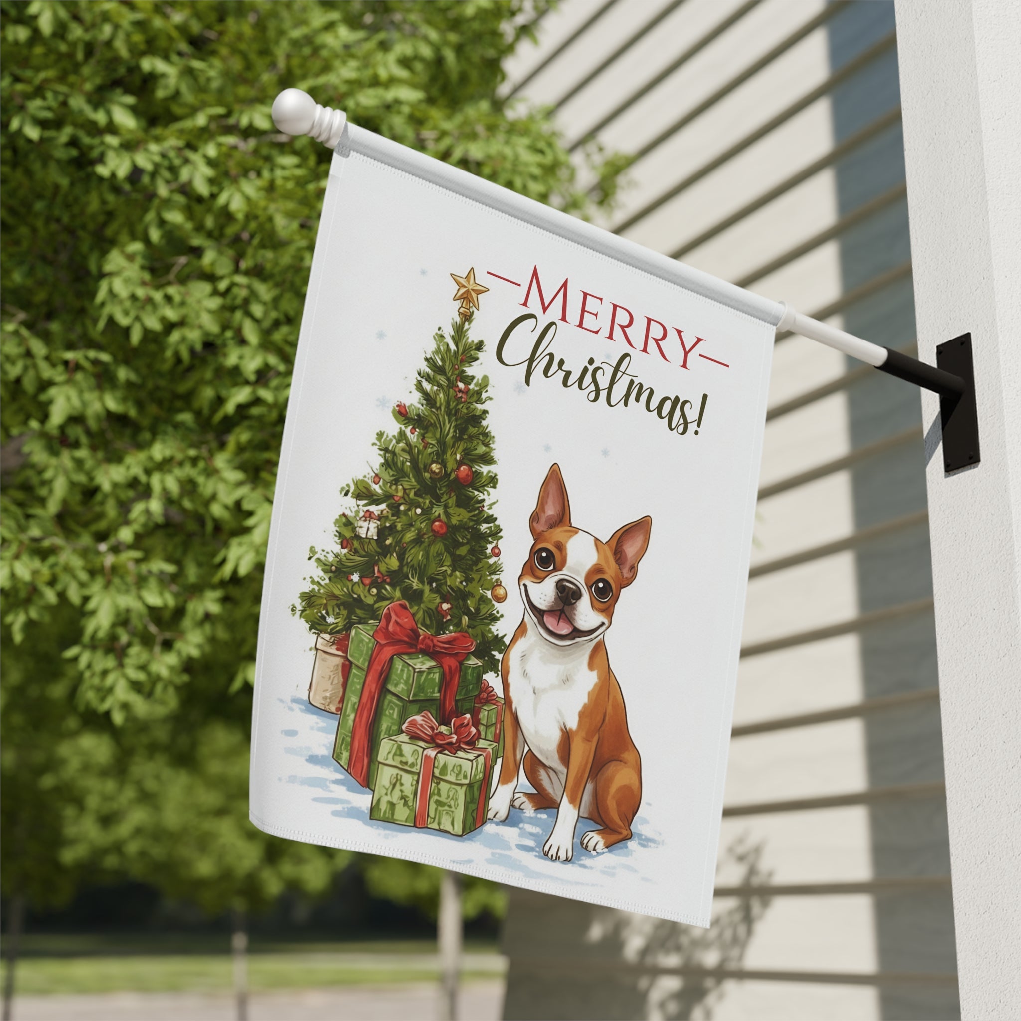 Red Boston Terrier and Presents Christmas Garden Flag - close-up detail - Dragonfire Gardens