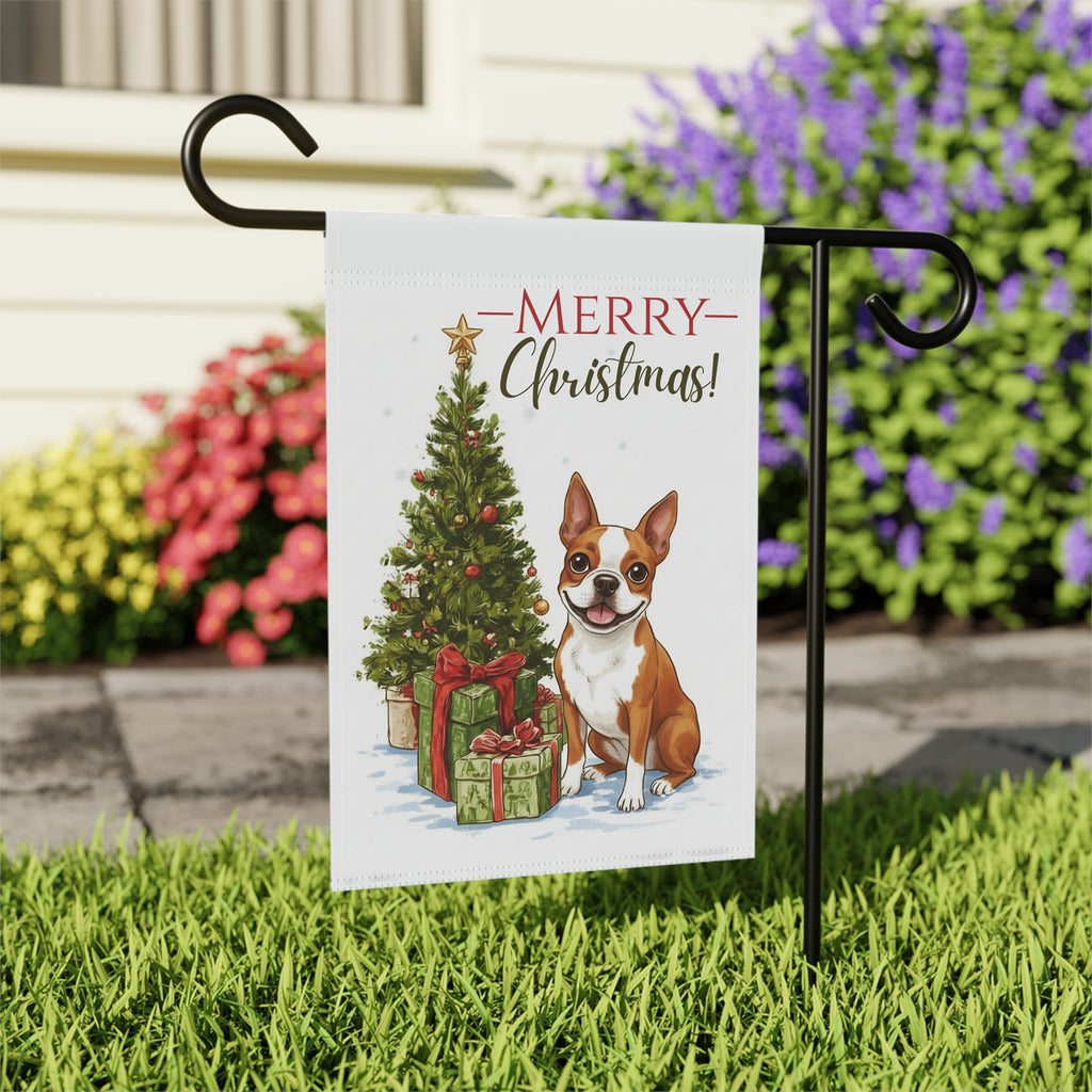 Red Boston Terrier and Presents Christmas Garden Flag - outdoor display - Dragonfire Gardens