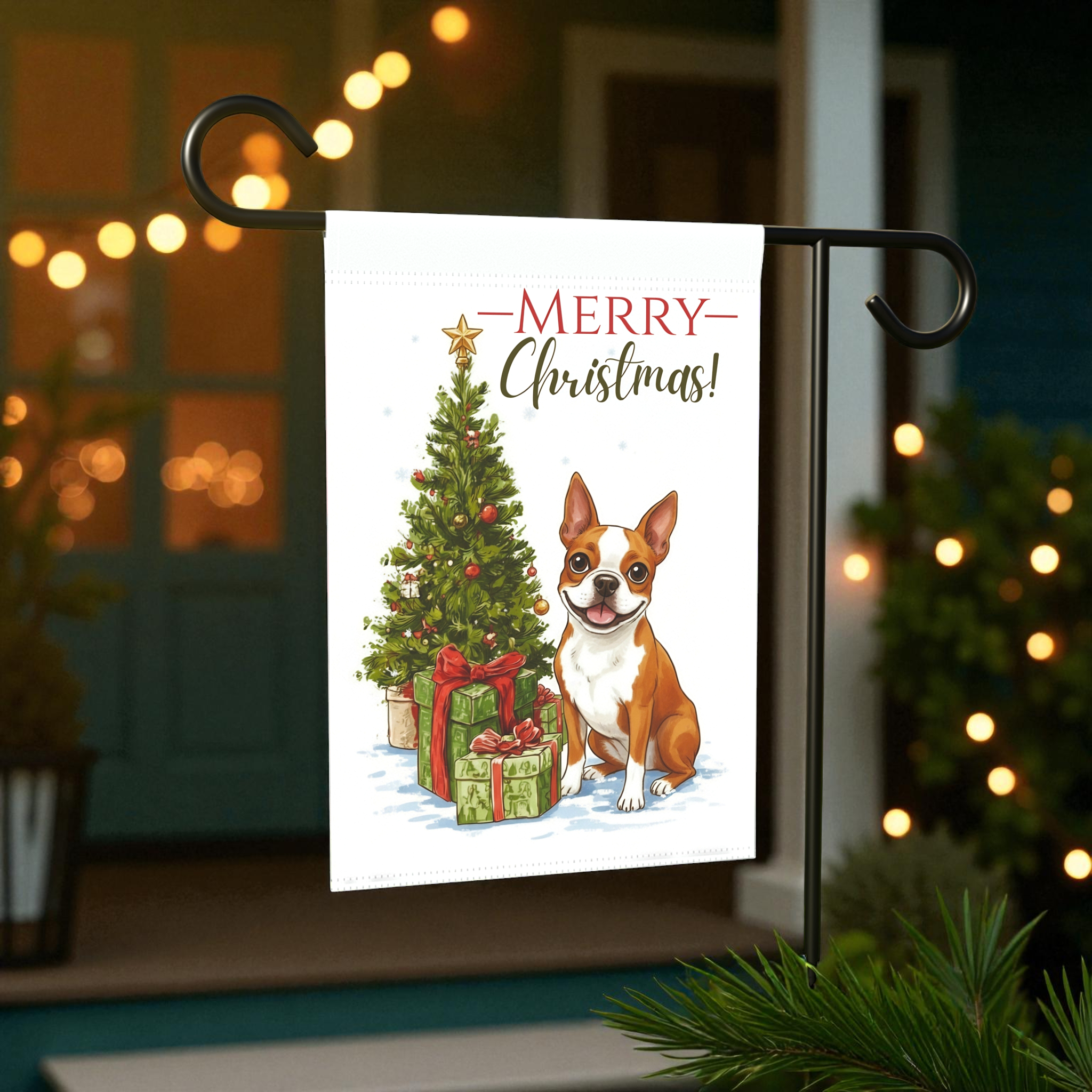 Red Boston Terrier and Presents Christmas Garden Flag - size comparison - Dragonfire Gardens