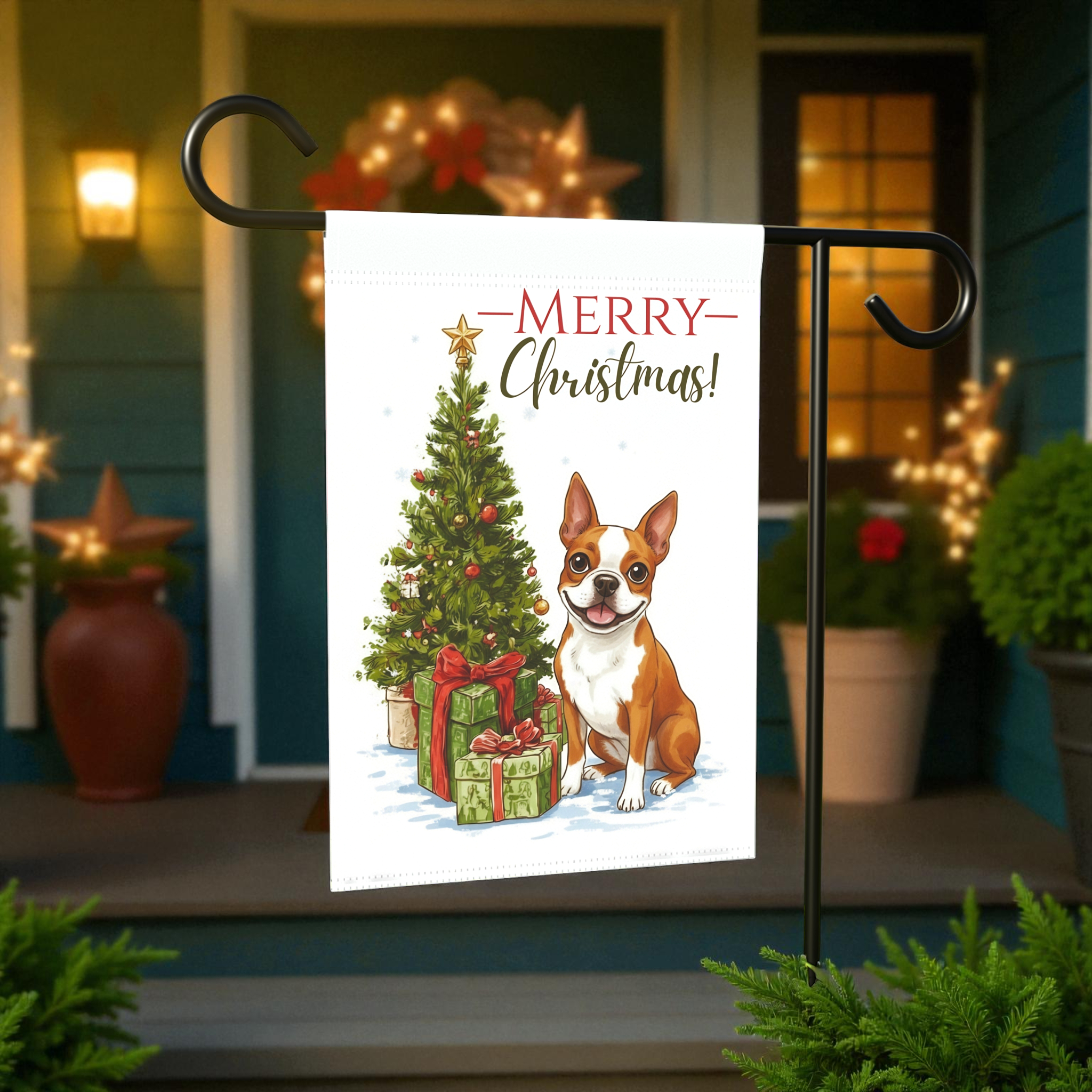 Red Boston Terrier and Presents Christmas Garden Flag - front view - Dragonfire Gardens