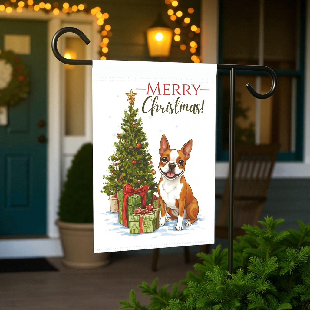 Red Boston Terrier and Presents Christmas Garden Flag - lifestyle display - Dragonfire Gardens